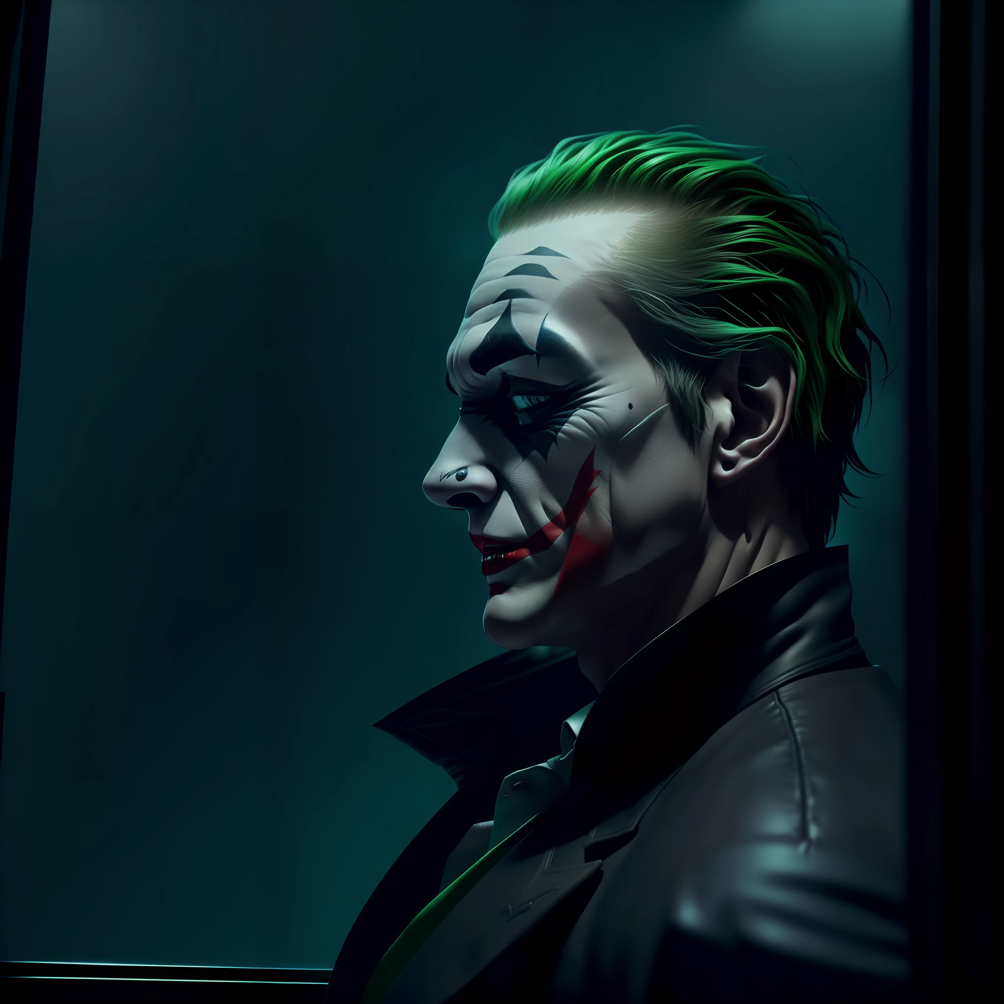 Voyeuristic side view through window, voyeuristic shoulder level shot, ultra detail photo of the notorious villain, Joker in the dark knight, Joker in the room, voyeuristic view into the room through window, shoulder level shot, highly detailed, hyper realistic, octane render, unreal engine, 8k resolution