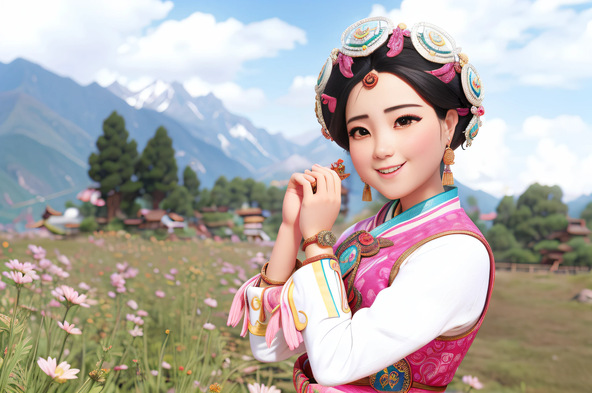 there is a woman in a colorful dress posing for a picture, traditional costume, beautiful himalayan woman, nezha, traditional clothing, traditional chinese clothing, chinese woman, beautiful young himalayan woman, traditional dress, traditional tai costume, traditional clothes, sha xi, lei min, wearing authentic attire, heise-lian yan fang, chinese girl, young himalayan woman, wonderful