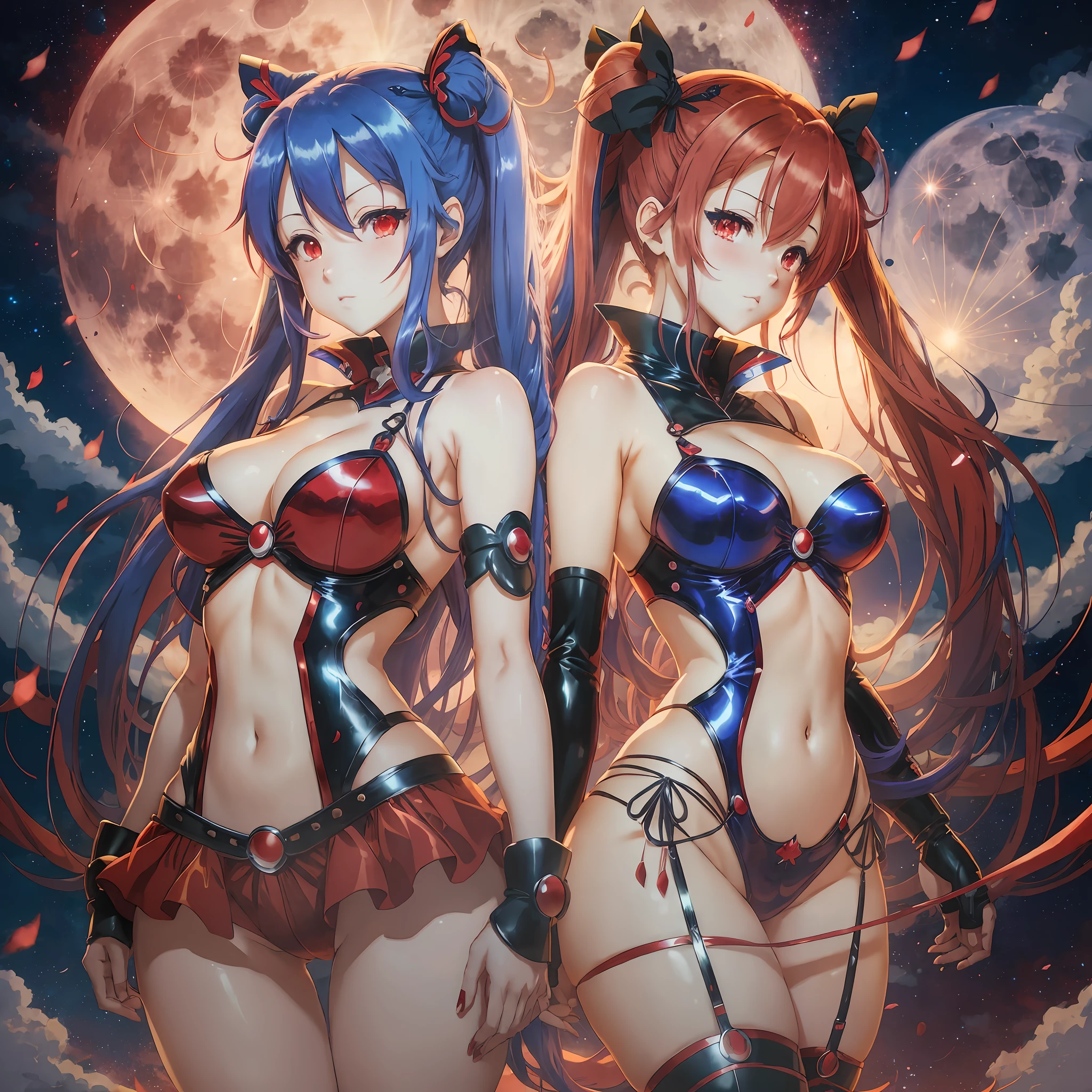 Red and blue hair, anime girl in sexy costume posing in front of full moon, 2 beautiful anime girls, anime girl, night core, anime style 4K, best anime 4K Conachan wallpaper, 2 pure moons, twin tails, ultra hd anime wallpaper, 4k anime wallpaper --auto --s2