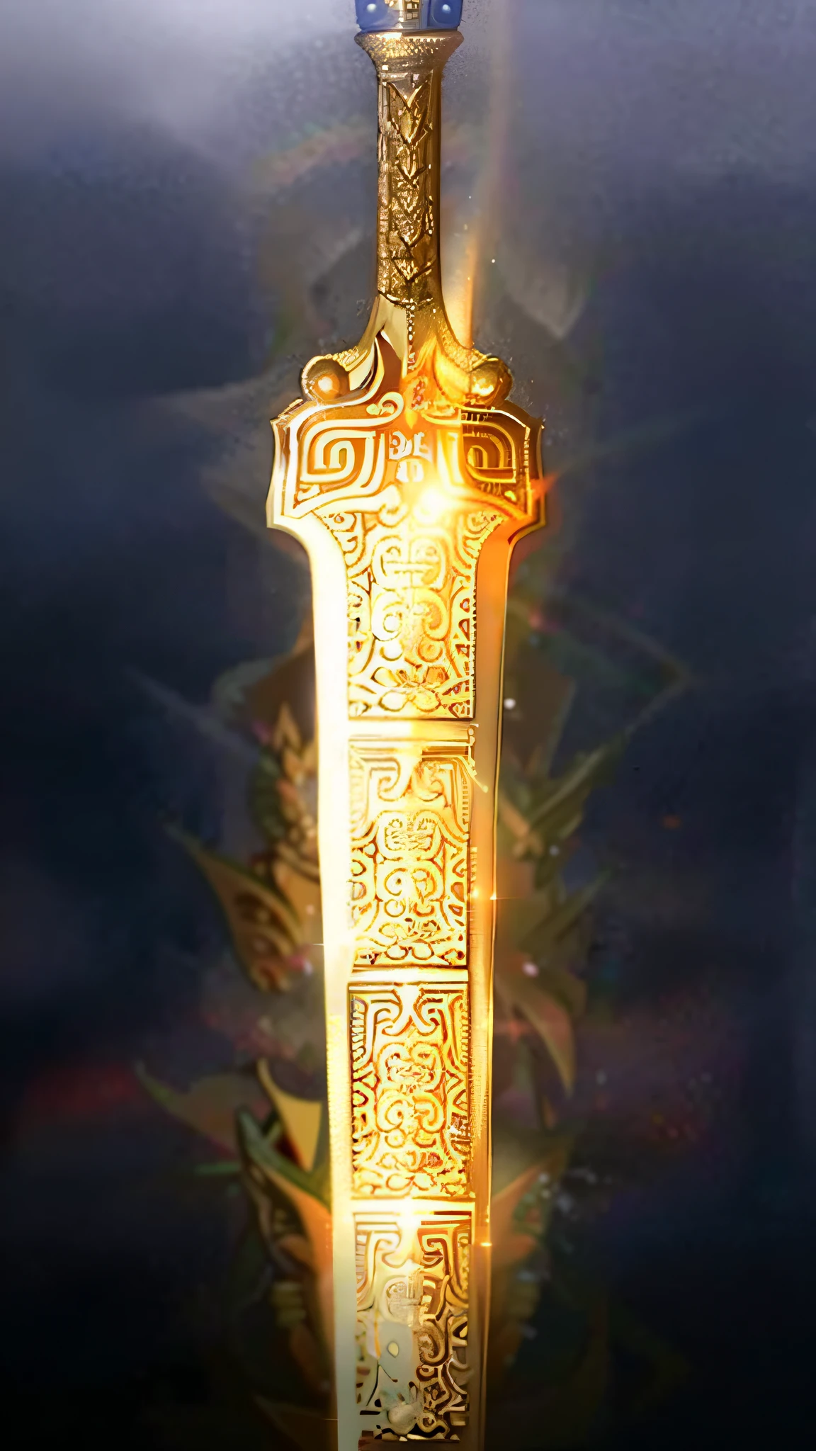 a close up of a sword with a light shining on it, shinning sword, golden sword, glowing sword, gold sword, glowing sword in hand, greatsword, shining sword, flaming sword, beautiful sword, jiang sword, by Adam Marczyński, fantasy sword, dwarven weapon, magical sword, fantasy sword of warrior, yellow broad sword