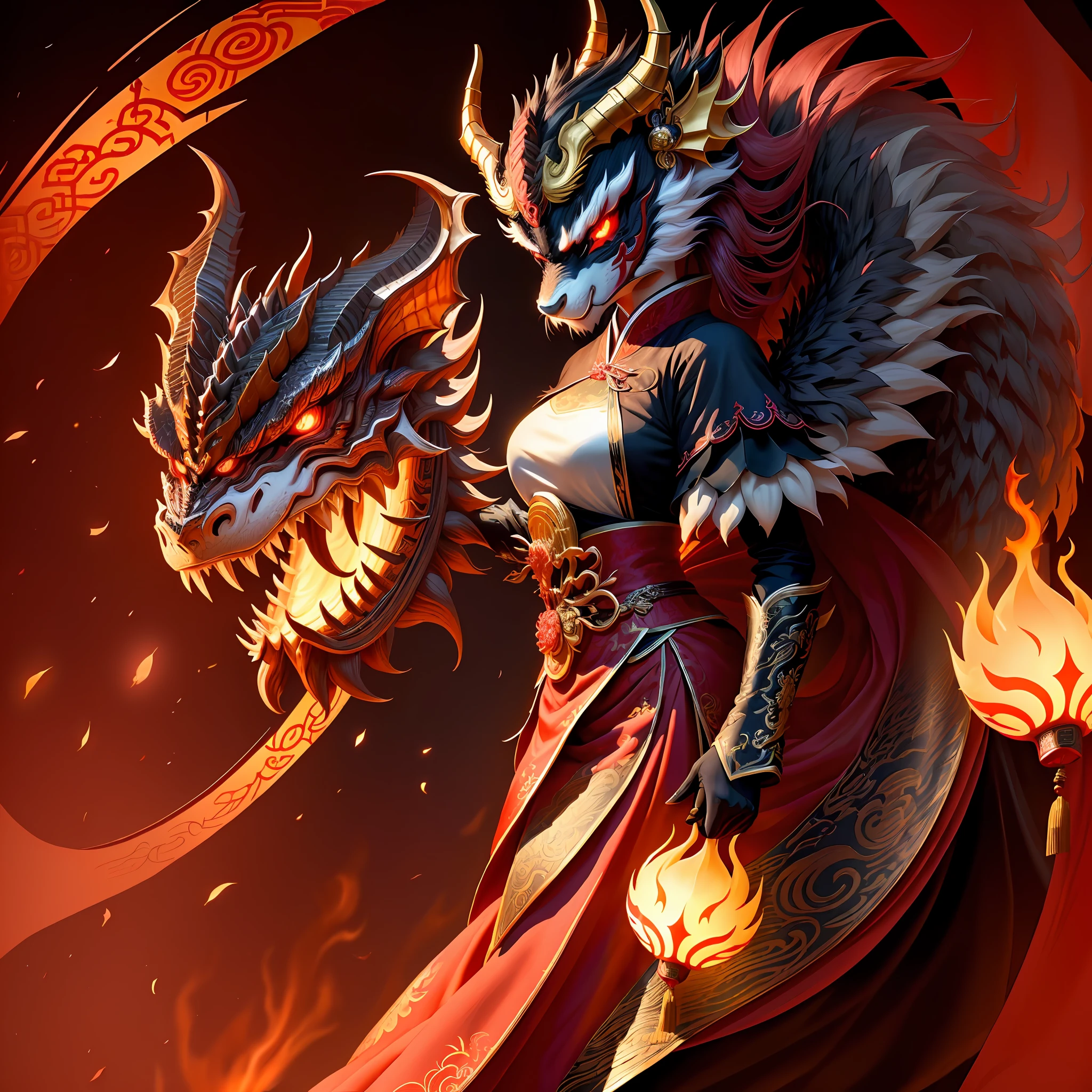 A Chinese dragon, magical, anthropomorphic, girl, angry expression, glowing eyes, Wanruo mask, Hanfu, background of ancient Chinese streets, night. Genshin Impact Impact, Best Quality, High Detail, High Quality, Ultra High Resolution, OC Rendering, 8K