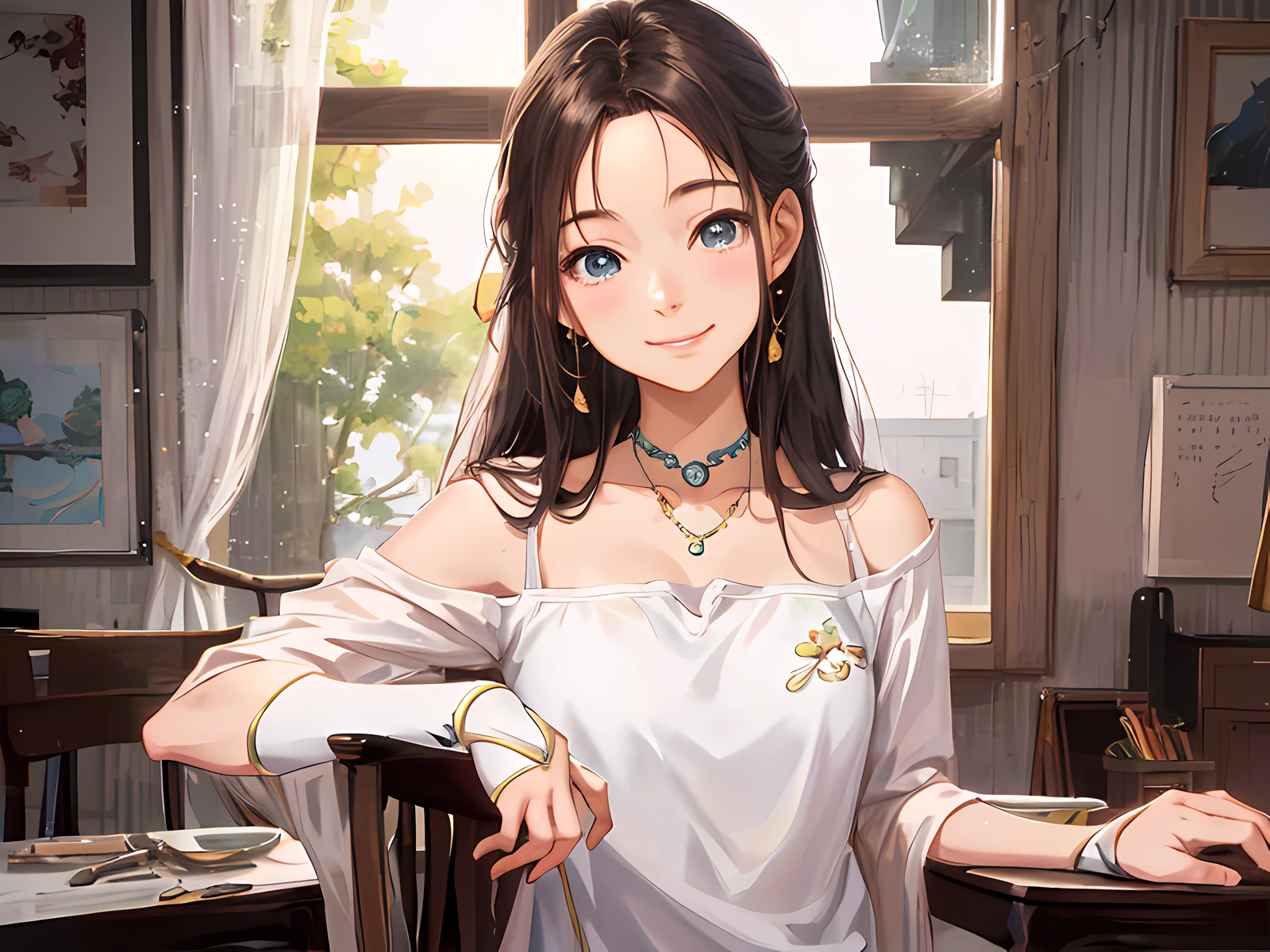 Anime girl sitting at table laughing, smooth anime CG art, anime vision of a cute girl, inspired by Ma Yuanyu, popular on cgstation, attractive anime girl, from Girl Front, kawaii realistic portrait, drawn in anime painter studio, girl portrait, Sakimi Chan, realistic young anime girl, 🤤 inspired by Li Fangying