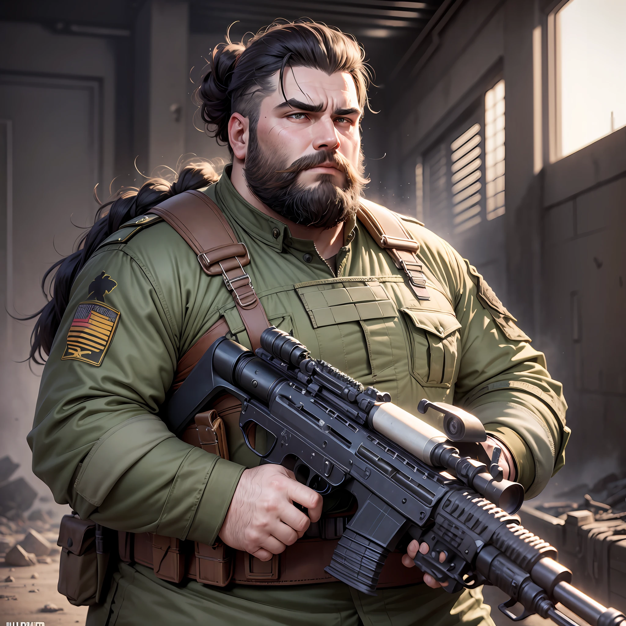 Fat soldier bearded hair tied,with dark uniform and rifle, ruined background, realistic, stylish, rutkowski, hdr, intricate details, hyperdetailed, cinematic, rim light, danger atmosphere --auto --s2