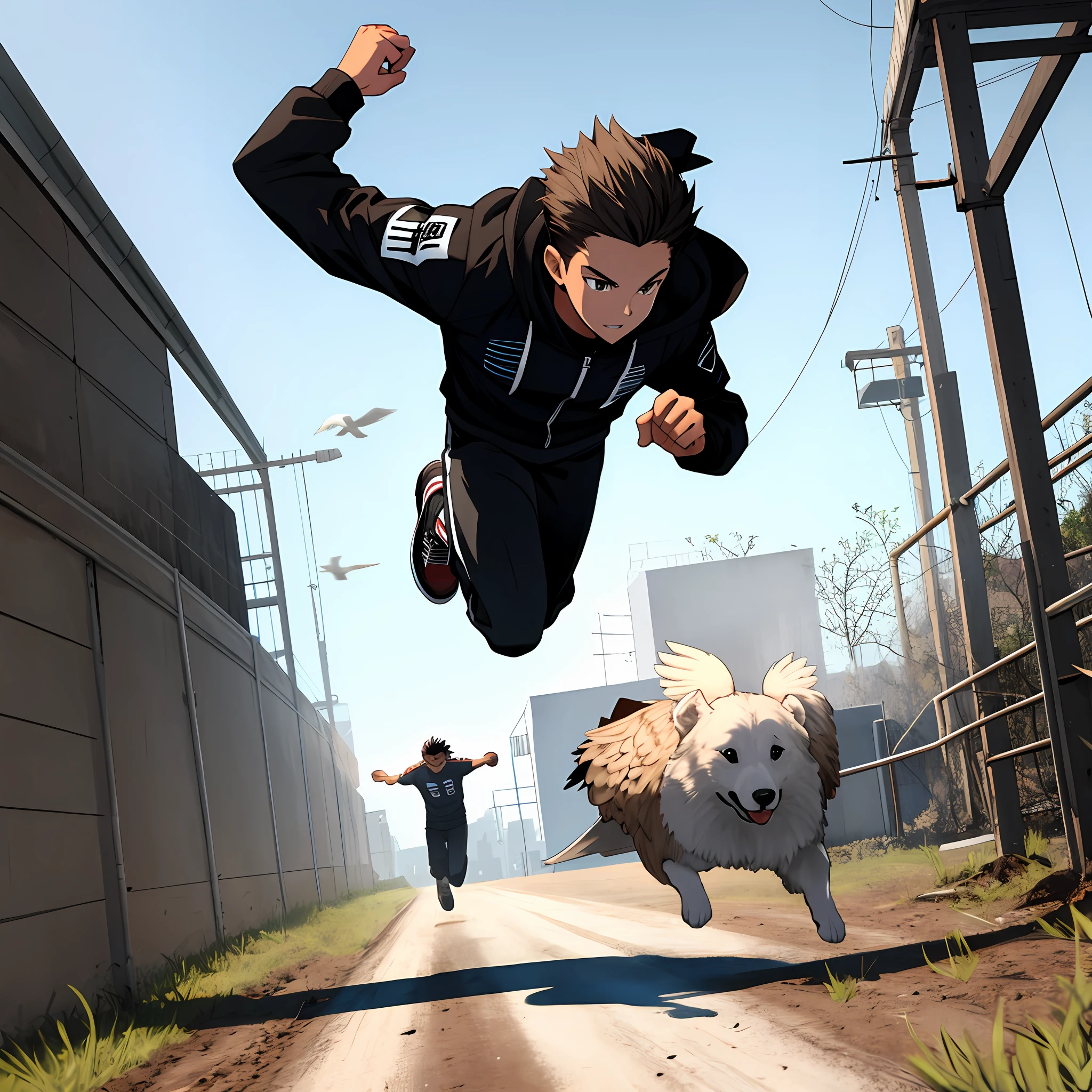 Boy, running, fast, ready to run pose, soaring, a pit in the ground, fast, black jacket