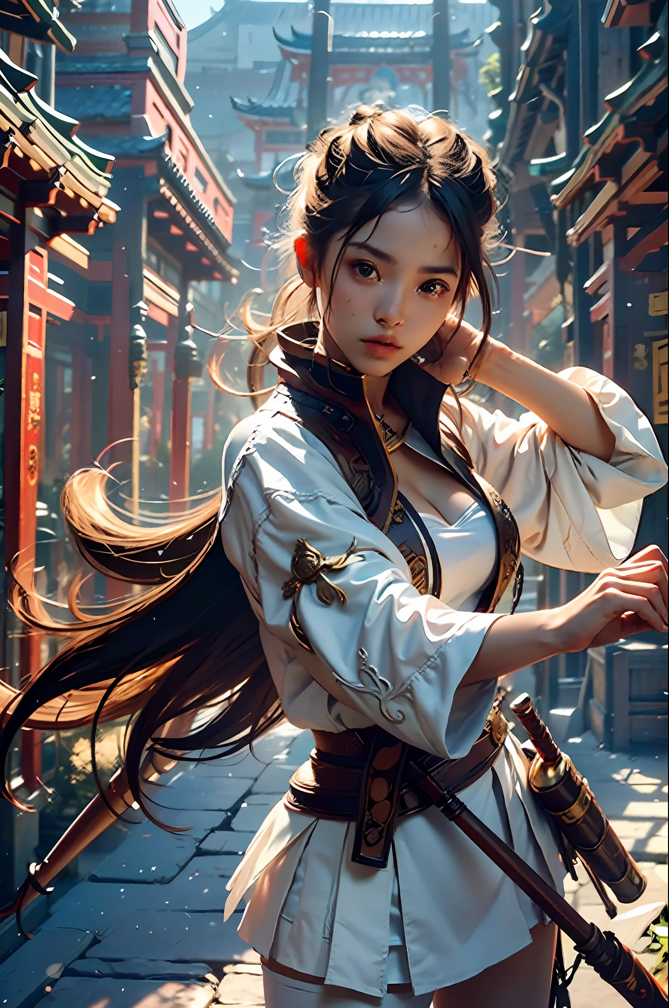 The best picture quality, masterpiece level, super high resolution, very realistic, fairy atmosphere, equipped with weapons, and detailed presentation of faces, there are 2 girls in the picture, solo playing, weapon placement, magic circle surround (increase the importance of 1.2), the figure of a beautiful girl appears in the picture, fully dressed, with East Asian traditional architecture as the background, equipped with sheaths, architectural composition in the background, tights, short skirts, you can see deep cleavage