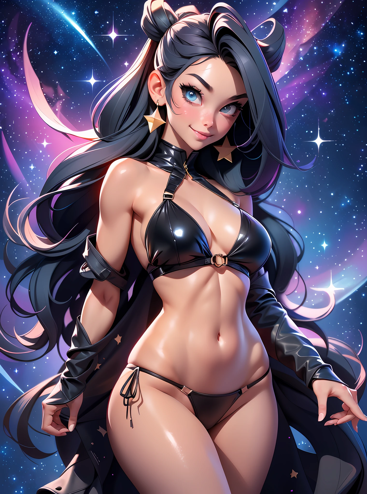 ((Best Quality)), ((Masterpiece)), ((Realistic)) and watercolor drawing of a girl with goth colors. Crotch Angle view. She has ((starlight hair)), wears a (small black micro-thong:star motif ) (bare navel) , ((beautiful and aesthetic)), muscular fit body abs, sexy, under-boobs, hot, (star filled sky background) (clear background:1.35), (particles ,firefly, blue glowing):1.3, perspective, embarrassed smile, totally blushed, nervous, looking at the viewer, spread legs,black thong bikini