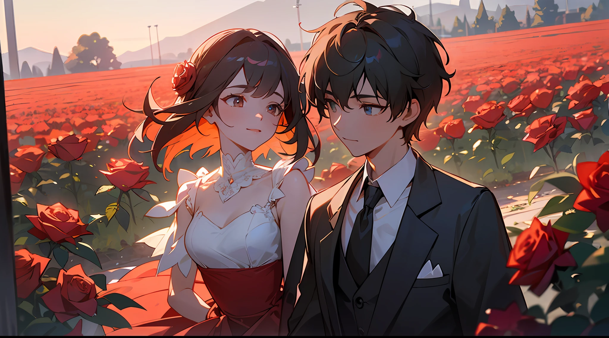 (Masterpiece), (Best Quality), Extremely Detailed CG Unity 8k Wallpaper, Ultra Detail, High Resolution, Fine Detail, Upper Body, Long Shot, Medium Shot, (Depth of Field), Cinematic Lighting, Extremely Detailed Eyes and Face, (Beautiful Detailed Eyes), Smile, Boys and Girls Walking Side by Side, Couple, Red Evening Dress, Roses, Rose Fields, Blue Sky and White Clouds, Red Flowers, Petals, Sunlight