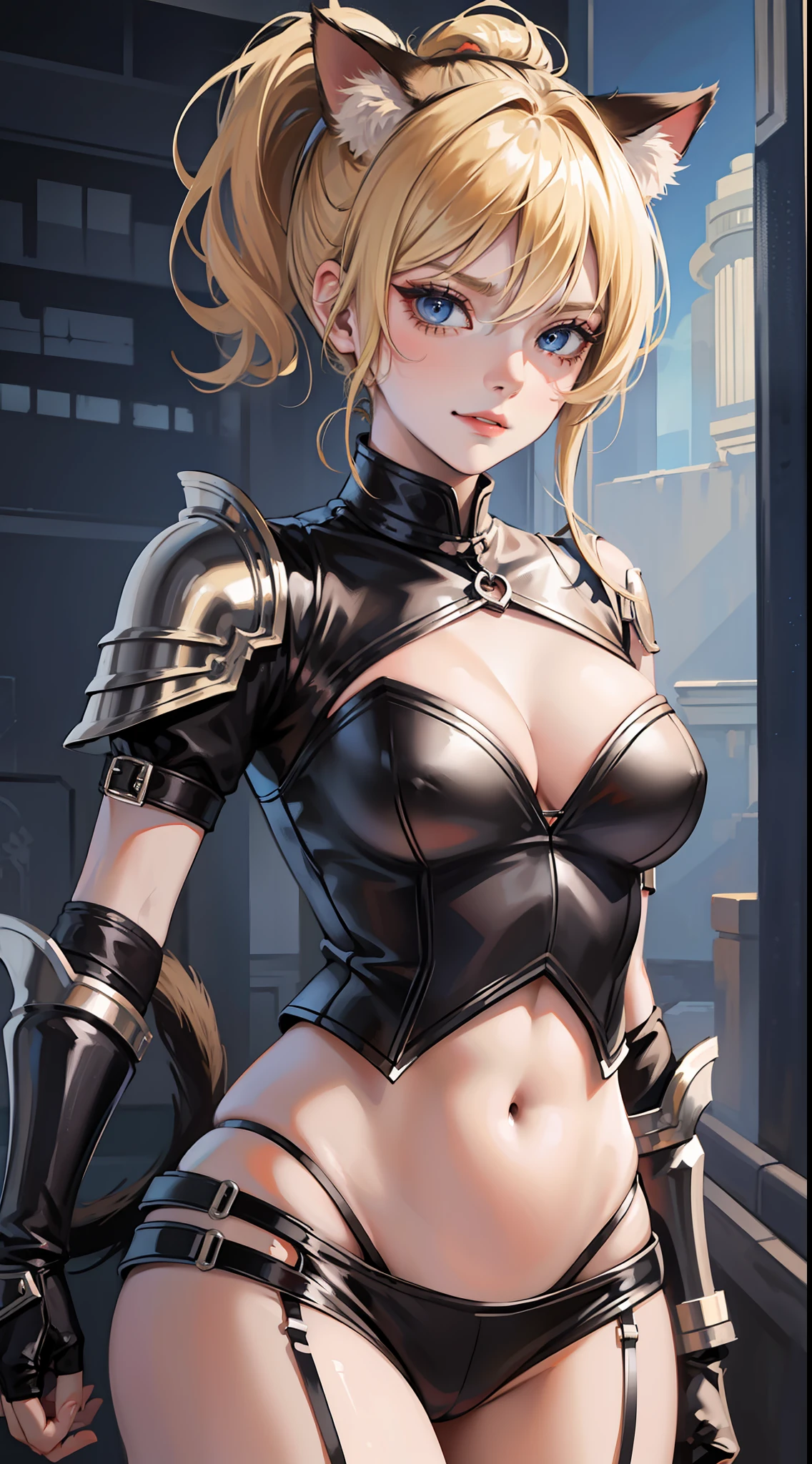 Adult woman, short blonde hair, high ponytail, cat ears, blue eyes, leather armor, open belly, smirk, rage, sword, masterpiece, high quality