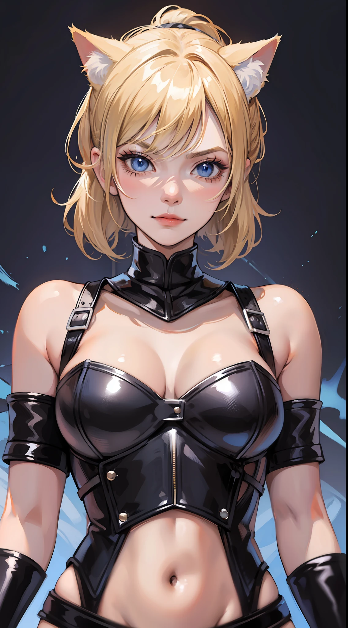 Adult woman, short blonde hair, high ponytail, cat ears, blue eyes, leather armor, open belly, smirk, rage, sword, masterpiece, high quality