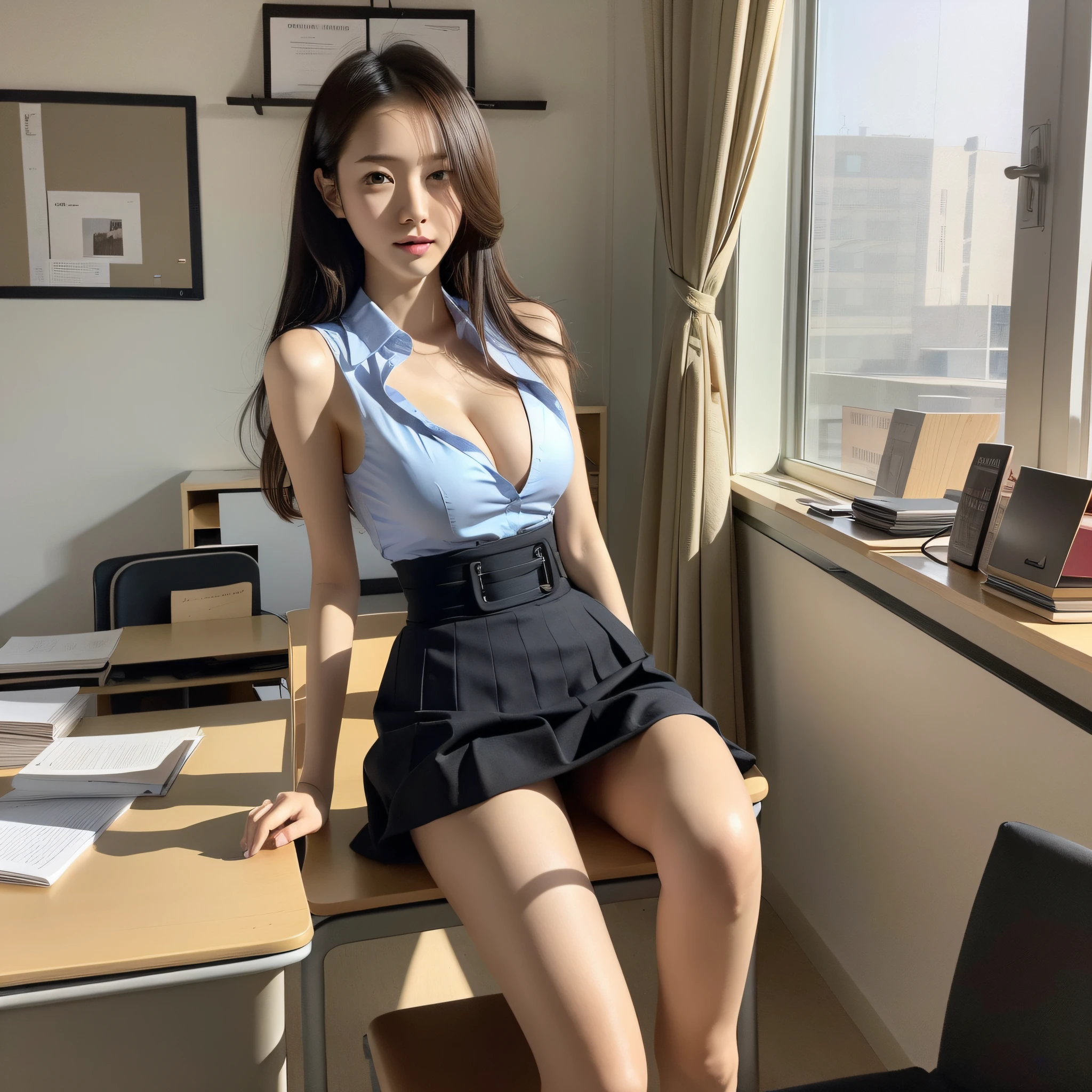À la Fed woman sitting on desk, graceful legs, long thin legs, thigh and skirt, long legs, standing in class, very beautiful slim legs, very beautiful long slim legs, sitting on desk, office clothes, nice legs, good waist and long legs, beautiful legs, surreal schoolgirl, cleavage, big, round breasts in front