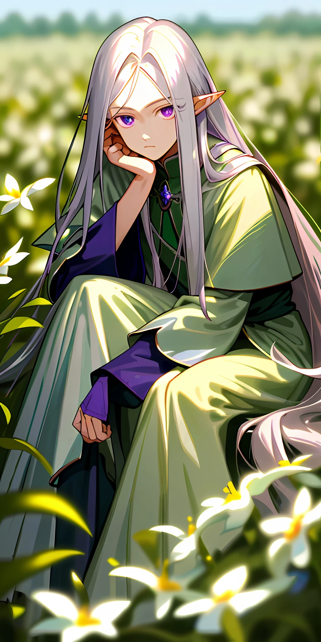 (masterpiece, best quality, perfect face, perfect hands, perfect body, flawless),1boy, long white hair, parted bangs, long pointy ears, violet colored eyes, sitting in a field of green plants and flowers, his hand under his chin, warm lighting, cleric clothing, blurry foreground