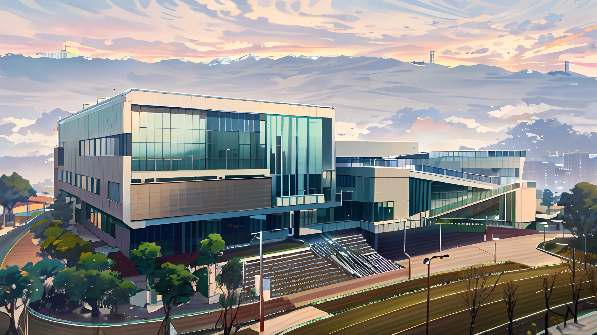 Arafte view of modern building with stairs and stairs, modern technology building, Jimin, full view, school, research center, Kim Hyun-joo, medical research facility, Kanayama, exterior, office, Eeri, Jiyun Tsai, wide-angle exterior 2022, research complex, Shin Jeong-ho