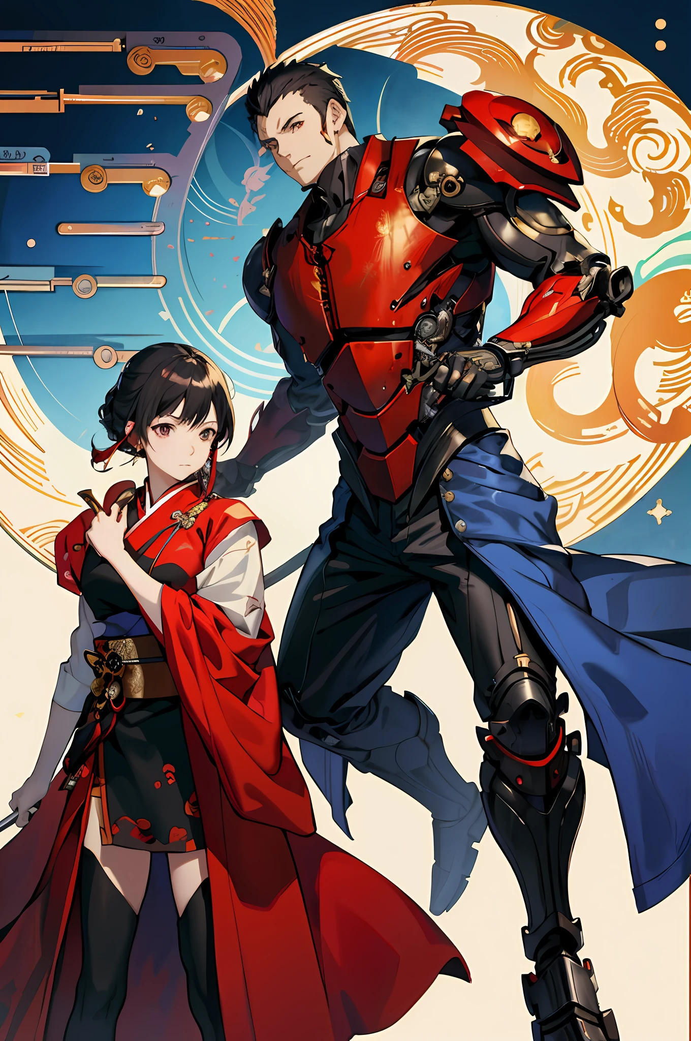 anime characters dressed in red and black standing next to each other, krenz cushart and wenjun lin, epic light novel cover art, inspired by Masamune Shirow, epic light novel art cover, masayoshi suto and artgerm, key art, guilty gear strive splash art, artgerm and genzoman