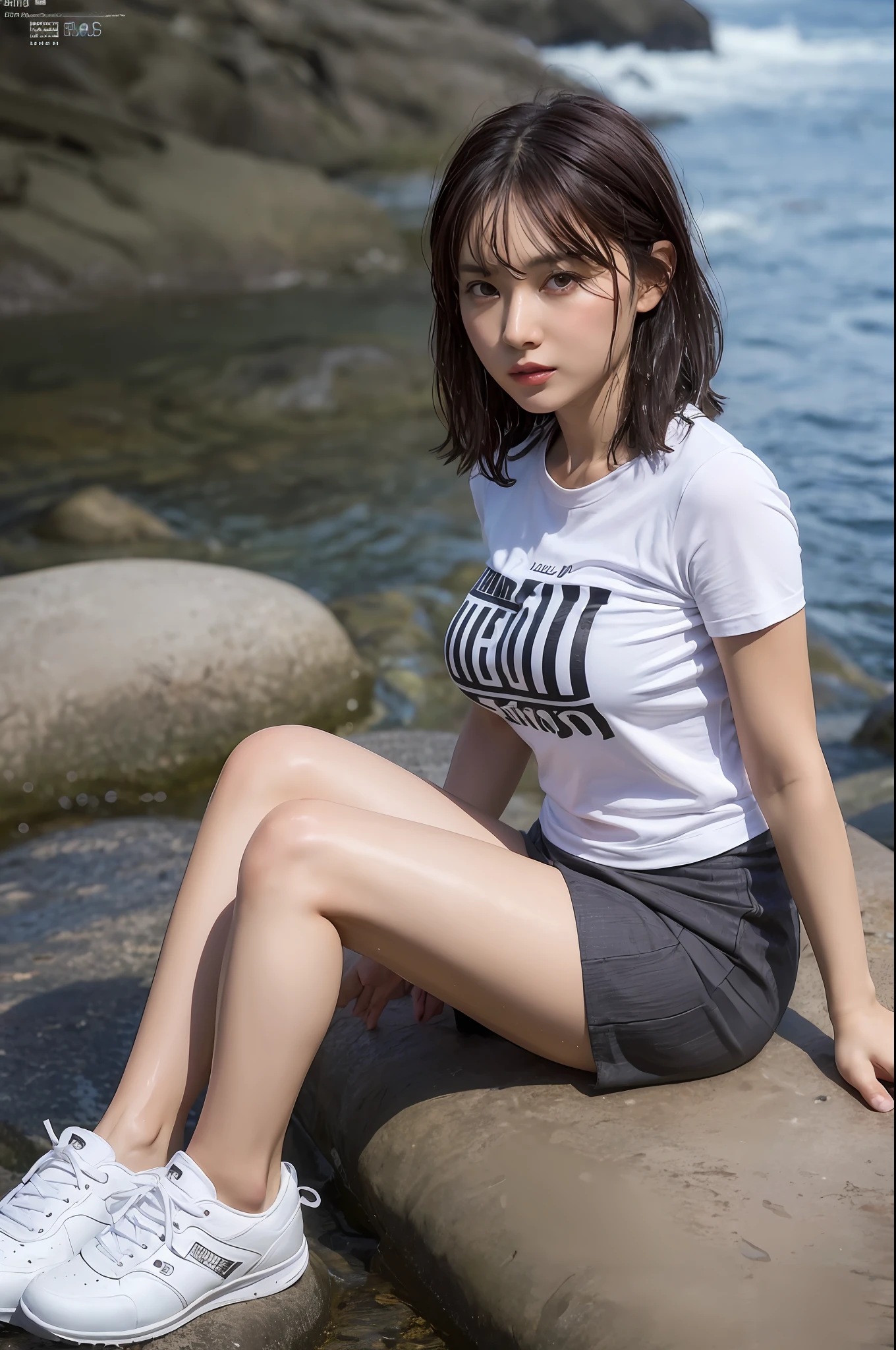 (Top Quality, 4k, Masterpiece: 1.3), Beautiful Woman, Female 1 Person, (Breasts, Attractive Body: 1.2), Abs: 1.1, Dark Brown Hair: 1.1, (Wet Body, Wet Body: 1.2), Ultra-Detailed Face, Detailed Lips, Detailed Eyes, Double Eyelids, Campsite, Sneakers, Chibi T-Shirt, Mini Skirt, Full Body, Wide Shot, Sit on Rocks