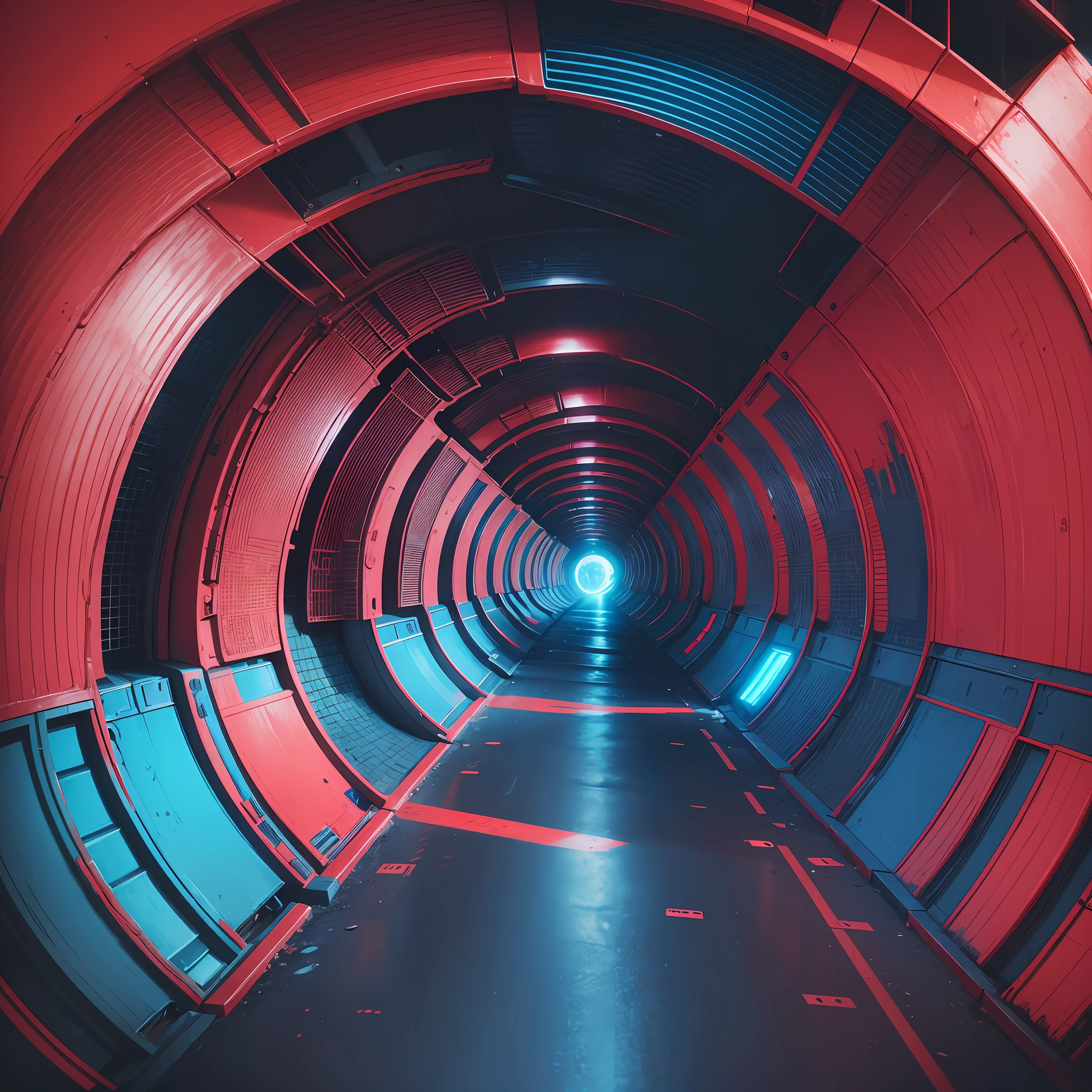 Technical background, red and blues, tunnel, central perspective, cyberpunk, cosmic beauty in poetry, artificial intelligence, sharp edge, utopia, sci-fi ui, transparent glass texture, C4D, neon --auto --s2