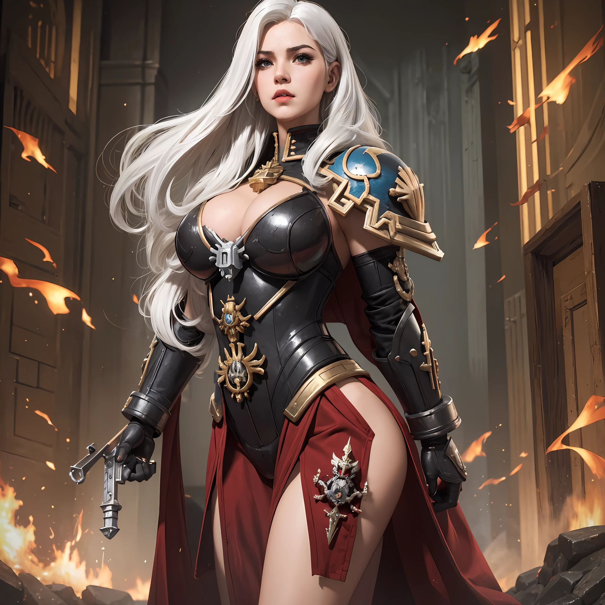 ((masterpiece, best quality)), huge resolution, sister of battle, white hair styled in loose waves, (warhammer 40k:1.1), (black power armor:1.1), purity seals, sexual expression, (grimdark style:1.1), red robes, breast enhancements, cleavage focus,