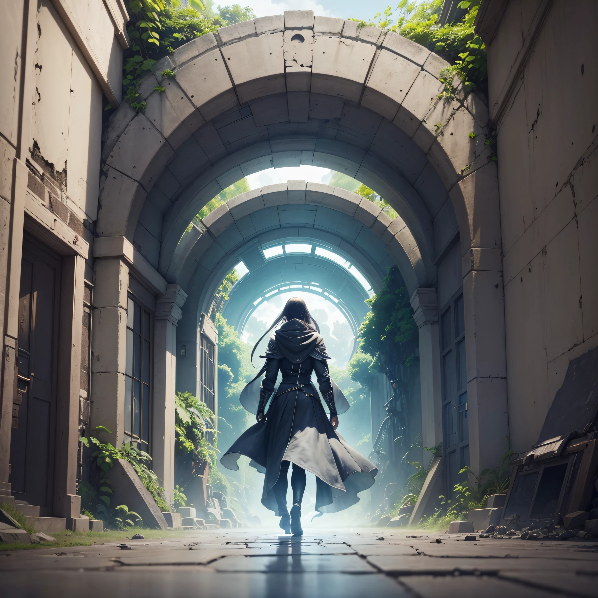People entering a portal with allusion to being going to a new world. This portal will refer to a futuristic idea. On the one hand, the side that people are on, a kind of chaotic world and on the other, a clean environment. In this clean environment, an image, a shadow of something unknown and half evil --auto --s2