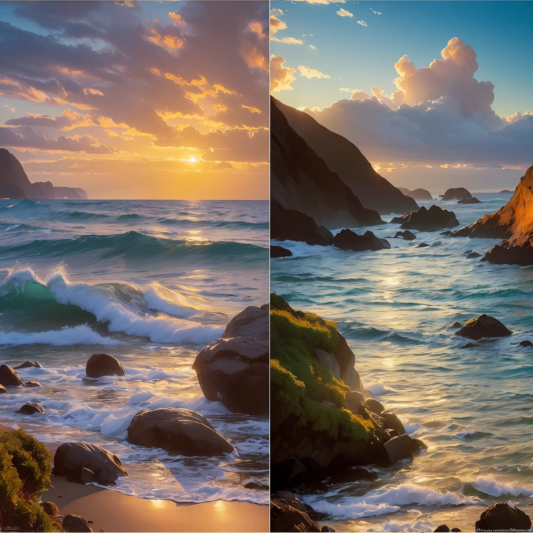 ((Best Quality)), ((Masterpiece)), ((Reality)), Calm Sea, (Thomas Moran Inspiration: 1.2), (Impressionist Style: 1.1), (Peaceful Atmosphere: 1.1), Calm Beach, Boulders, (Sunrise: 1.2), (Reflection: 1.1), (Bright Colors: 1.3), (Landscape: 1.2), High resolution