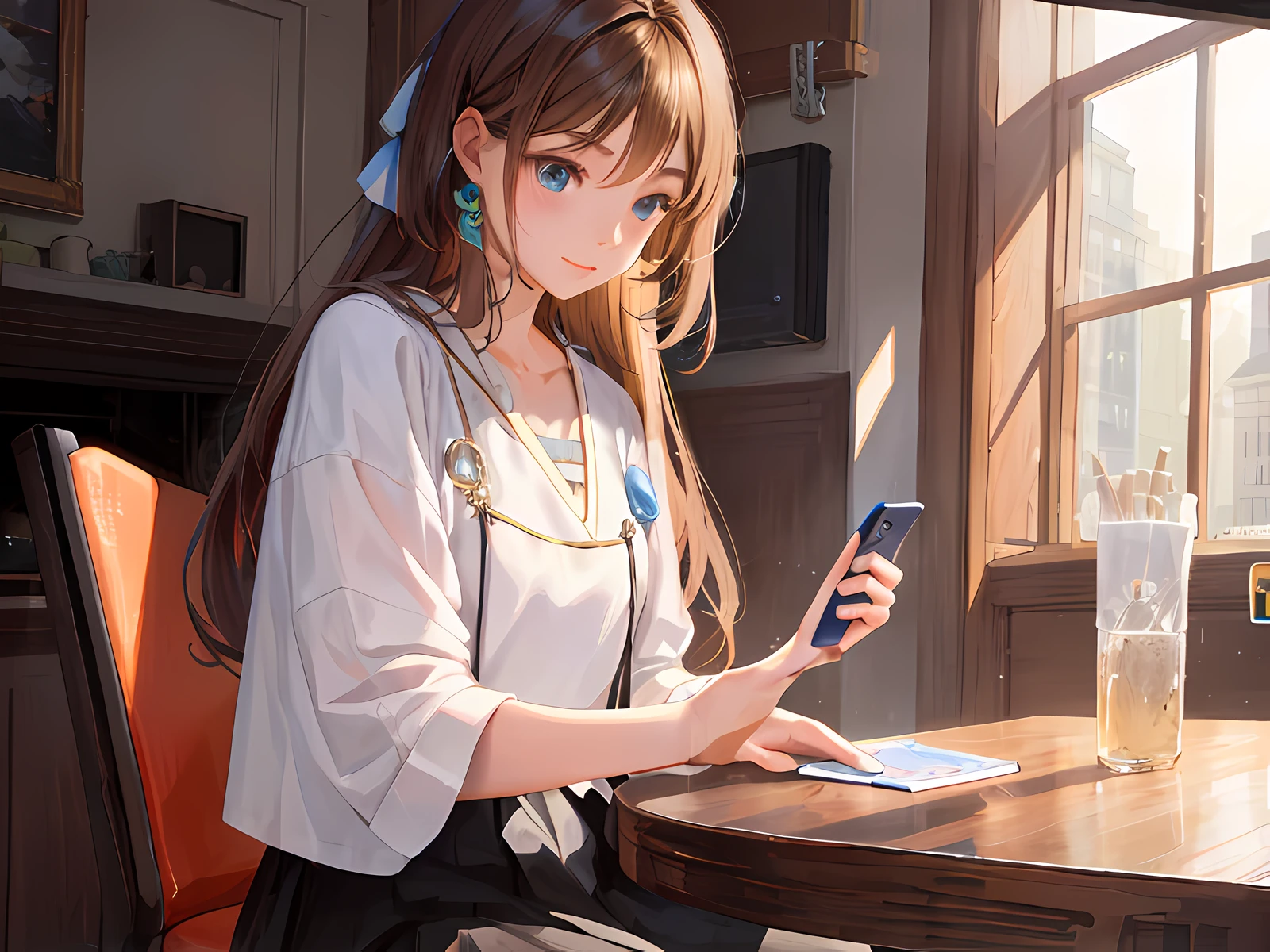 Anime girl sitting at table, she holds smartphone, Guvez style artwork, trends on cgstation, realistic cute girl painting, inspired by Ma Yuanyu, Li Fangying, smooth anime CG art, long hair anime girl