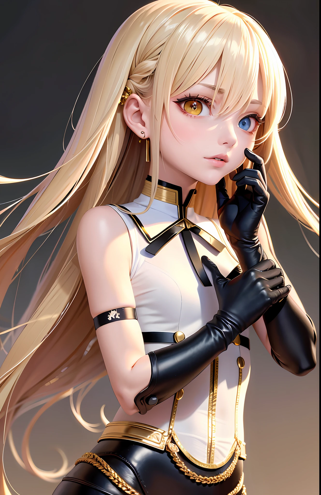 Best, Masterpiece, High Resolution, Best Quality, Ultra HD, Super Detail, Award-Awarded, 16k, (Upper Body), Anatomically Correct, Action Pose, Beautiful Maiden, Cute Face, Highlights, Gradient Beige Hair, Hair Strands, ((Heterochromia)), Long Eyelashes, Hanging Eye Corners, Fair Skin, (Small), (Slim Body), ((Army Uniform)), Stud Earrings, (Neck Ring), Very, Very Short Gloves