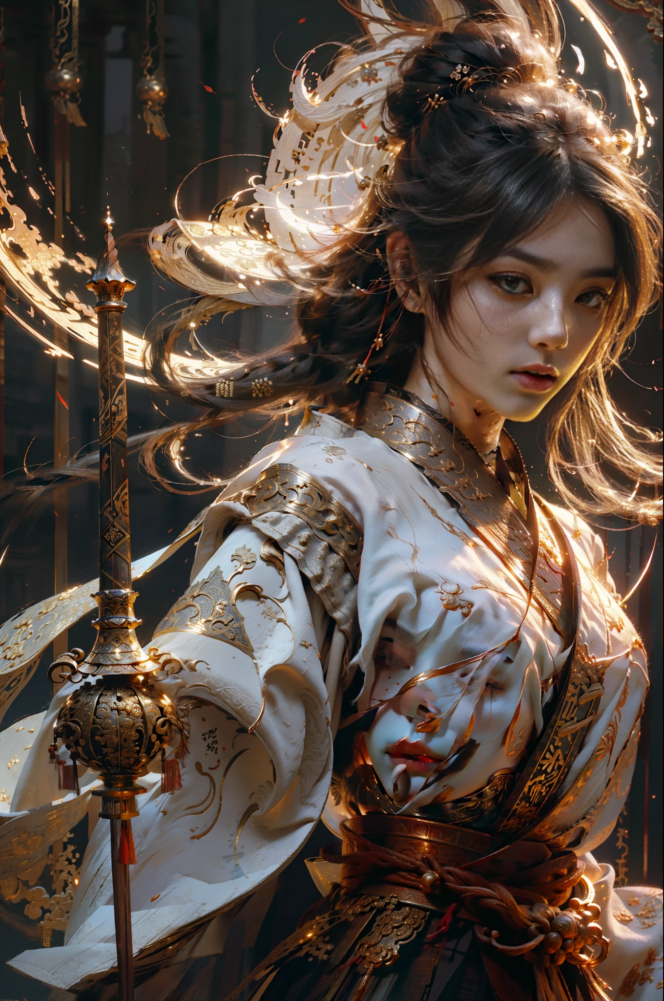 Best Quality, Masterpiece, Ultra High Resolution, (Realism: 1.4), Original Photo, 1Girl, Perfect Face, Delicate Facial Features, Perfect Hands, Delicate Eyelashes, Delicate Eyes, Complex Textures, Gorgeous Armor, Chinese Weapon, Floating Sword, Flame, Light, Serious Expression, Complex Background, Chinese Palace