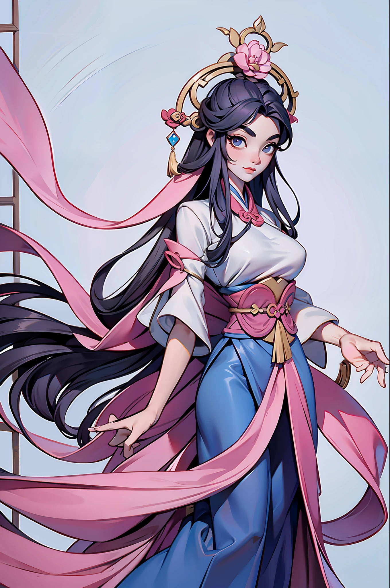 A beautiful ancient Chinese woman, full body, willow leaf eyebrows, melancholy eyes, wearing peony hair ornaments, wearing a long skirt, flowing skirt, beautiful details, rich light and shadow, perfect art, white background, game model, stunning lighting, C4D, OC rendering, movie edge light, delicate light, masterpiece, super detailed, epic composition, super HD, high quality, highest quality, 16k