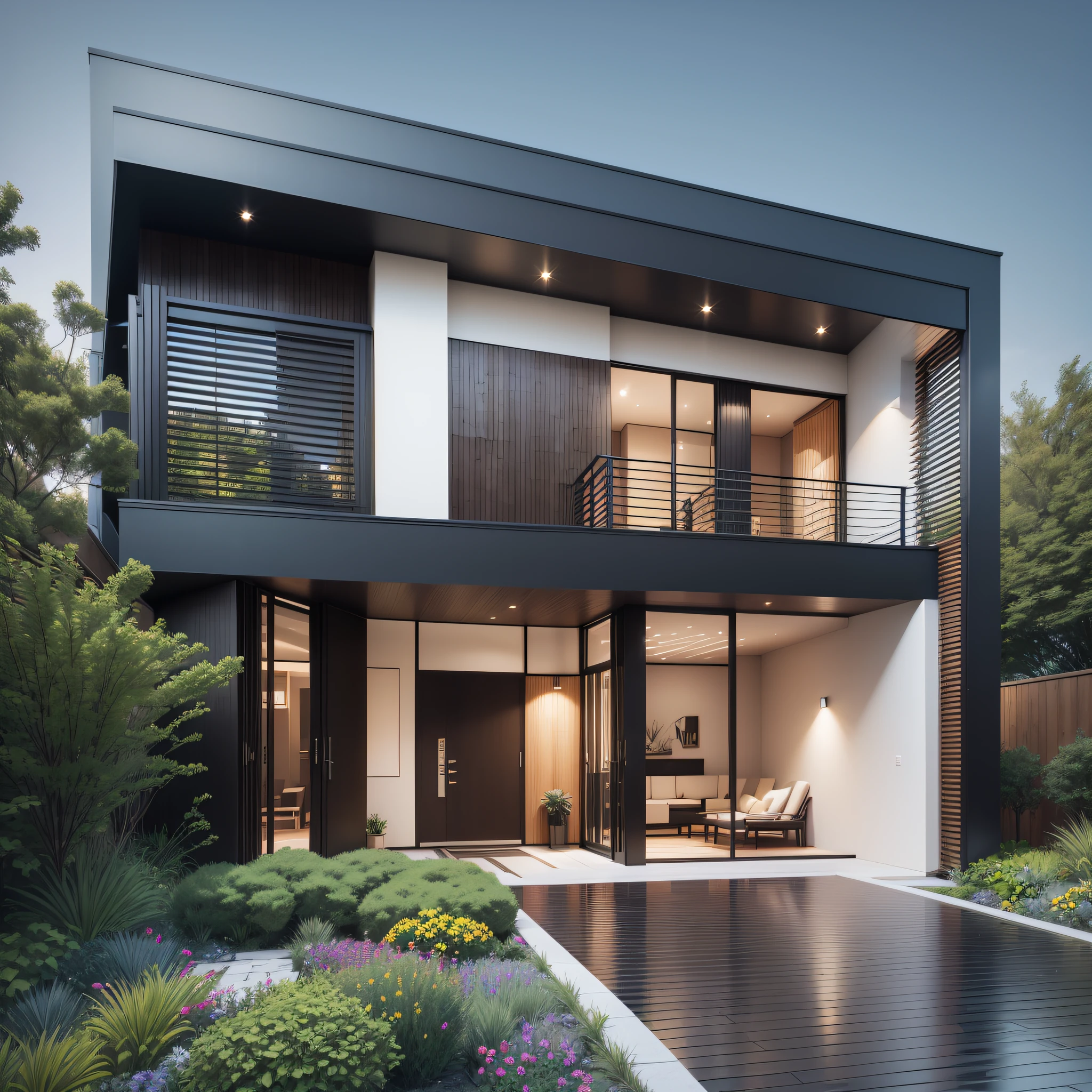 A striking modern house exuding elegance and sophistication, adorned with black wood panels that create a sleek and luxurious facade. The garden surrounding the house is a paradise of carefully curated plantings, showcasing a variety of vibrant flowers and lush greenery. The deck, made of rich hardwood, provides an inviting space for outdoor relaxation and entertainment. Inside, the house spans two floors, with spacious rooms and open-concept living areas. The ceiling on the second floor features a small opening, allowing natural light to filter through and cast gentle patterns on the walls. The atmosphere is one of refined comfort and contemporary style. 3D rendering, using realistic textures and lighting effects to bring out the fine details of the house and its surroundings. --ar 16:9 --v 5 --auto --s2