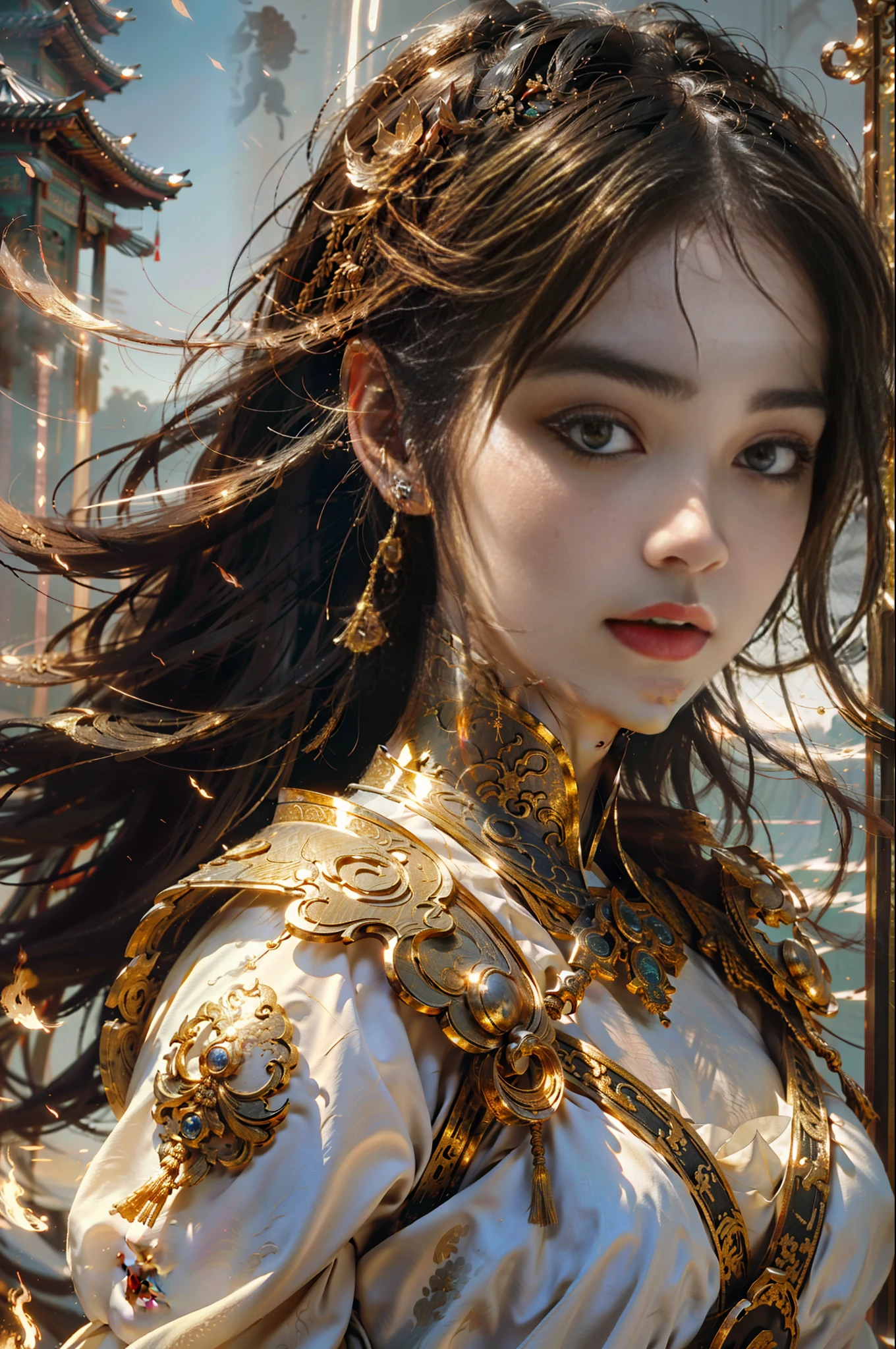 Best Quality, Masterpiece, Ultra High Resolution, (Realism: 1.4), Original Photo, 1Girl, Perfect Face, Delicate Facial Features, Perfect Hands, Delicate Eyelashes, Delicate Eyes, Complex Textures, Gorgeous Armor, Chinese Weapon, Floating Sword, Flame, Light, Serious Expression, Complex Background, Chinese Palace