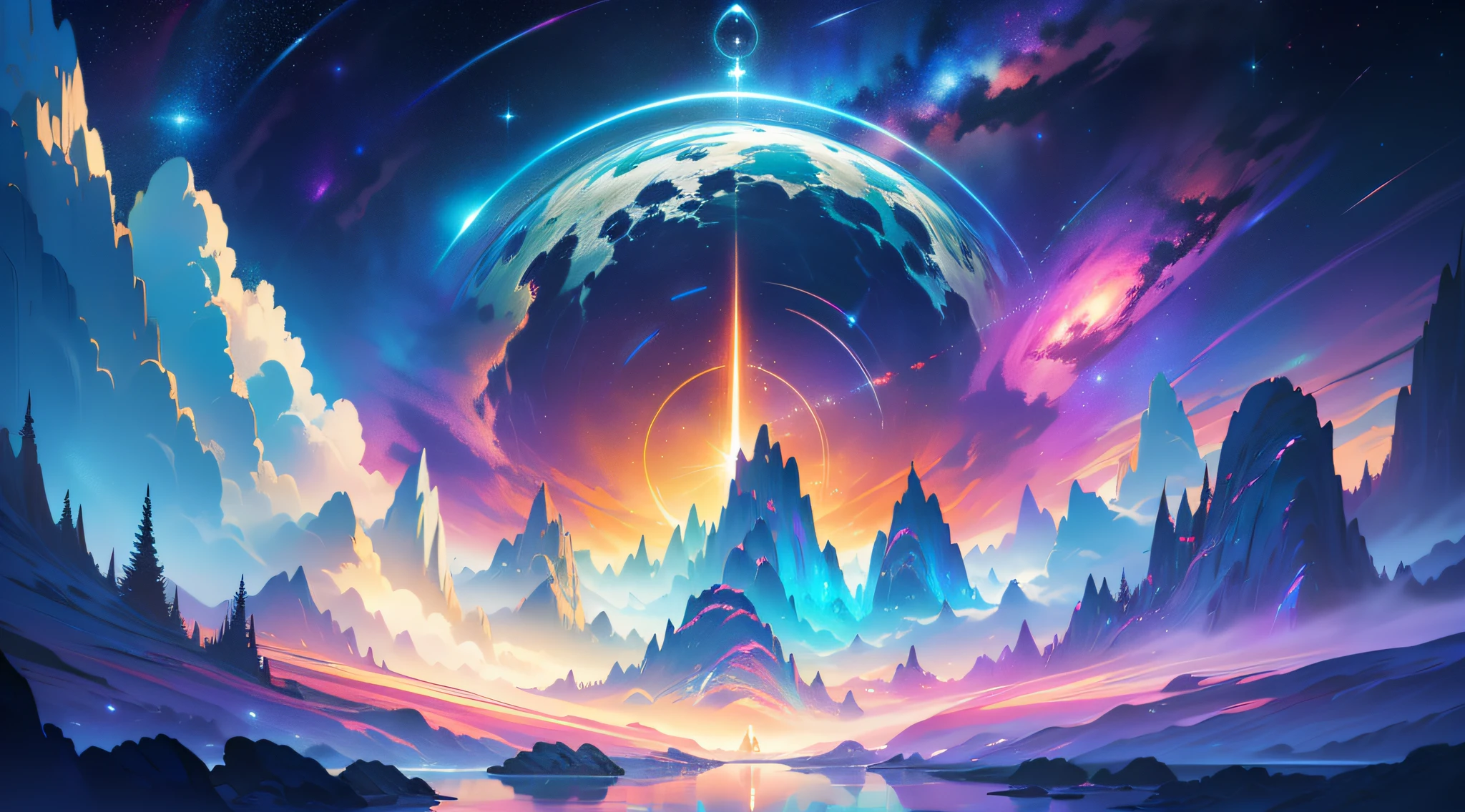 (masterpiece), (best quality), divine landscape, universe, cosmic, halo, (bioluminescent: 1), vibrant, colorful, duality cinematic lighting, (symmetrical: 1), background white, white background