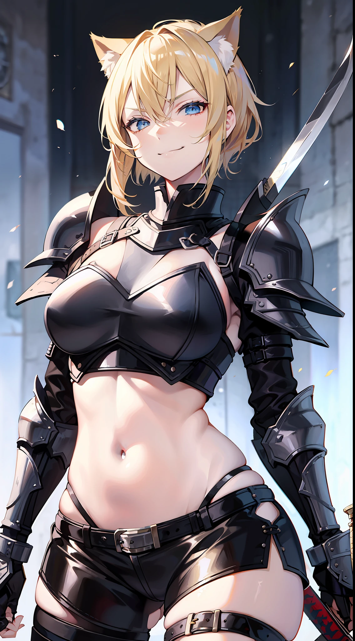 Adult woman, short blonde hair, high ponytail, cat ears, blue eyes, leather armor, open belly, smirk, rage, sword, masterpiece, high quality