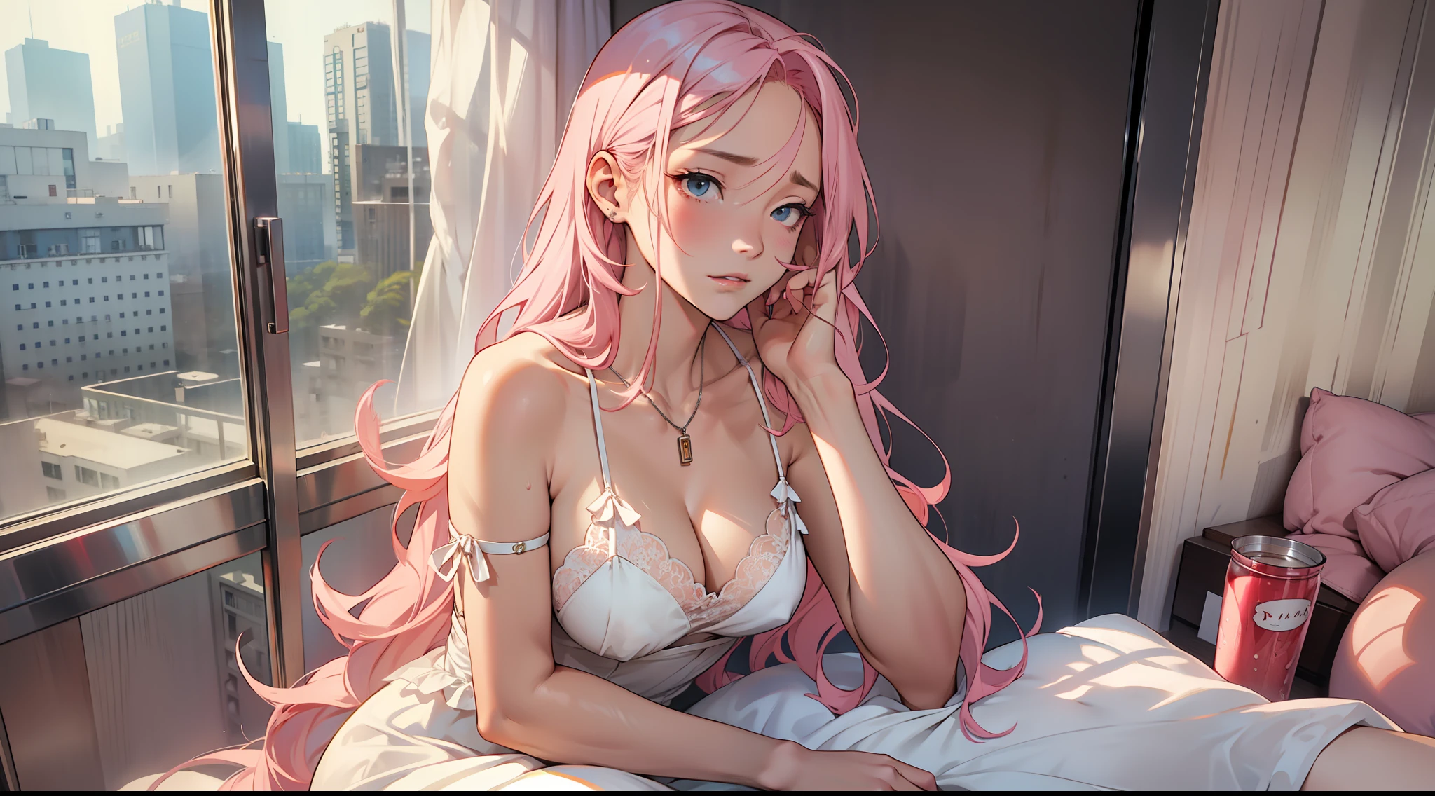 A girl, long pink hair, white slip dress, delicate face, milky skin, sexy, clear cleavage, hotel room, sad, unhappy, head down