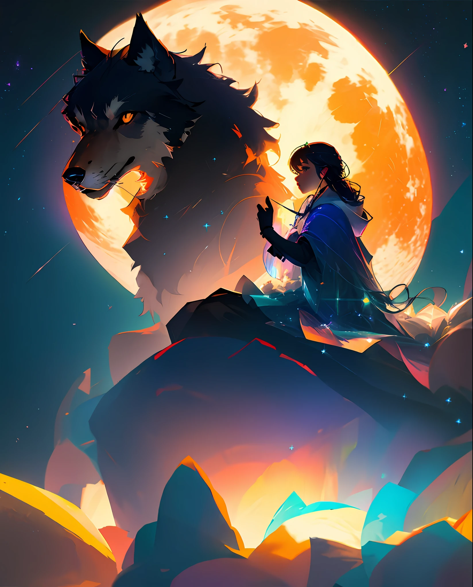 Giant wolf in moonlight, crystal wolf, transparent, fluorescent, mysterious, dark, dreamy, starry sky