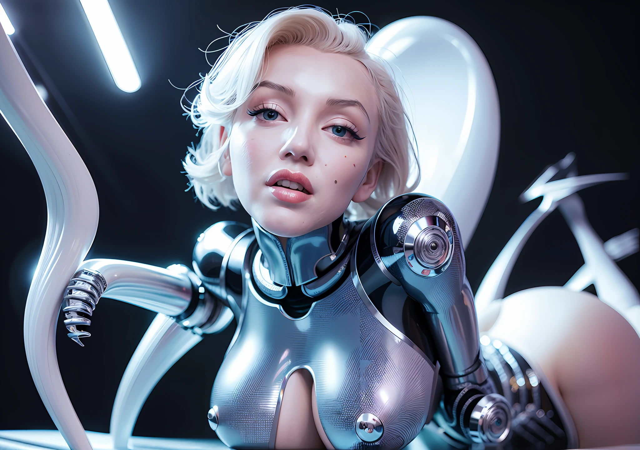 Complex 3d rendering ultra detailed beautiful porcelain profile female android face, (beautiful perfect face Marilyn Monroe: 2.0), big, cyborg, robot parts, 150mm, beautiful studio soft light, rim light, vivid details, gorgeous cyberpunk, lace, surrealistic, anatomical, facial muscles, cable wire, microchip, elegant, beautiful background, octane rendering, HR giger style, 8k, top quality, masterpiece, bright and cute look, very delicate and beautiful, very detailed, CG, unification, wallpaper, (realistic, photorealistic: 1.37), wonderful, finely detailed, masterpiece, highest quality, official art, highly detailed CG unity 8k wallpaper, absurd, incredibly absurd, robot, silver halmet, full body, sitting