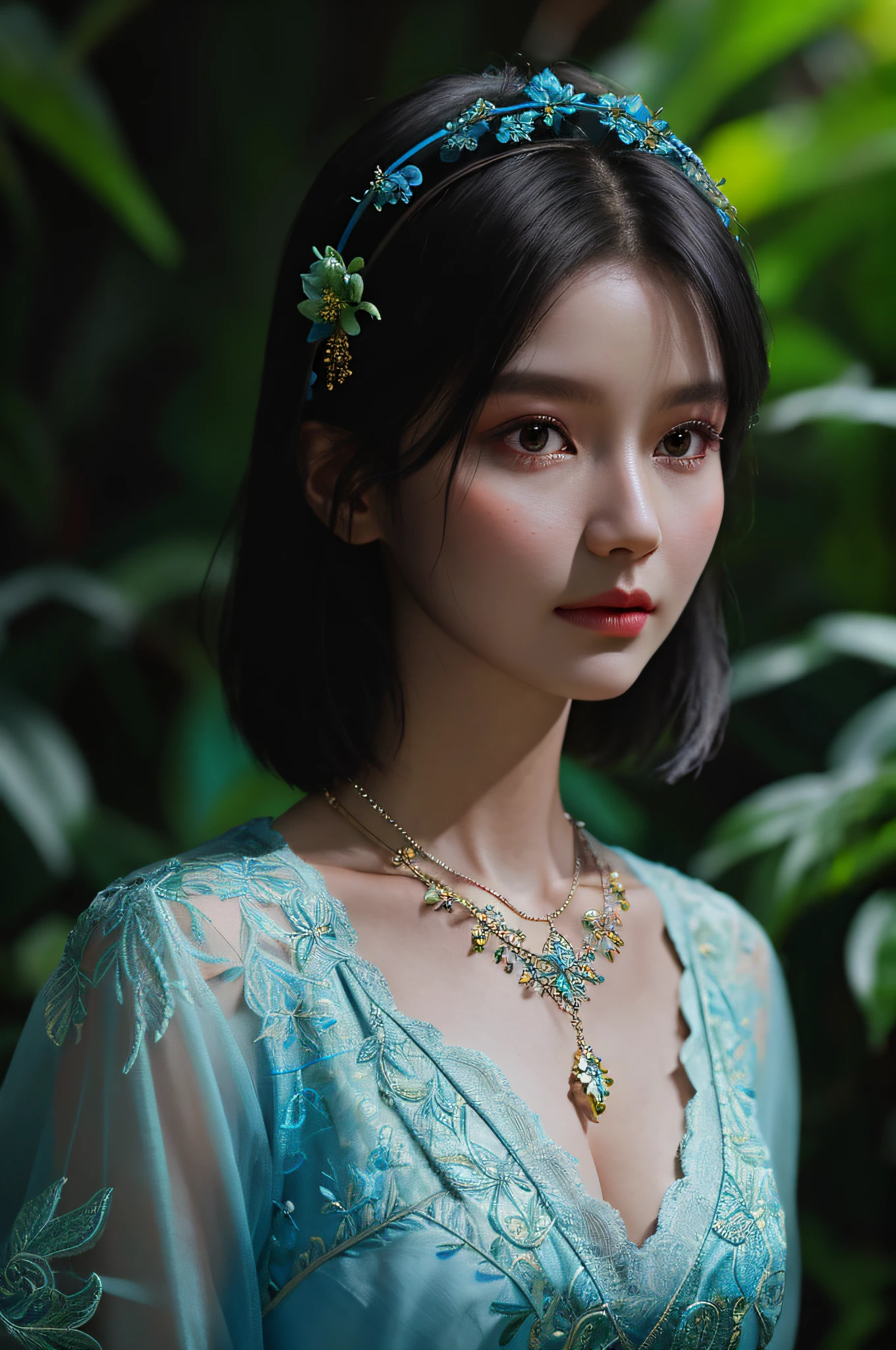 fashion photography portrait of woman avatar, 1girl in blue lush Alien Rainforest with flowers and birds, fantasy, octane render, hdr, Dolby Vision, (intricate details, hyperdetailed:1.2), (natural skin texture, hyperrealism, soft light:1.2), fluffy short hair, , sharp focus, night, necklace, Chinese mythology, cleavage, medium breasts, sci-fi headband, looking at viewer, best quality, perfect body,