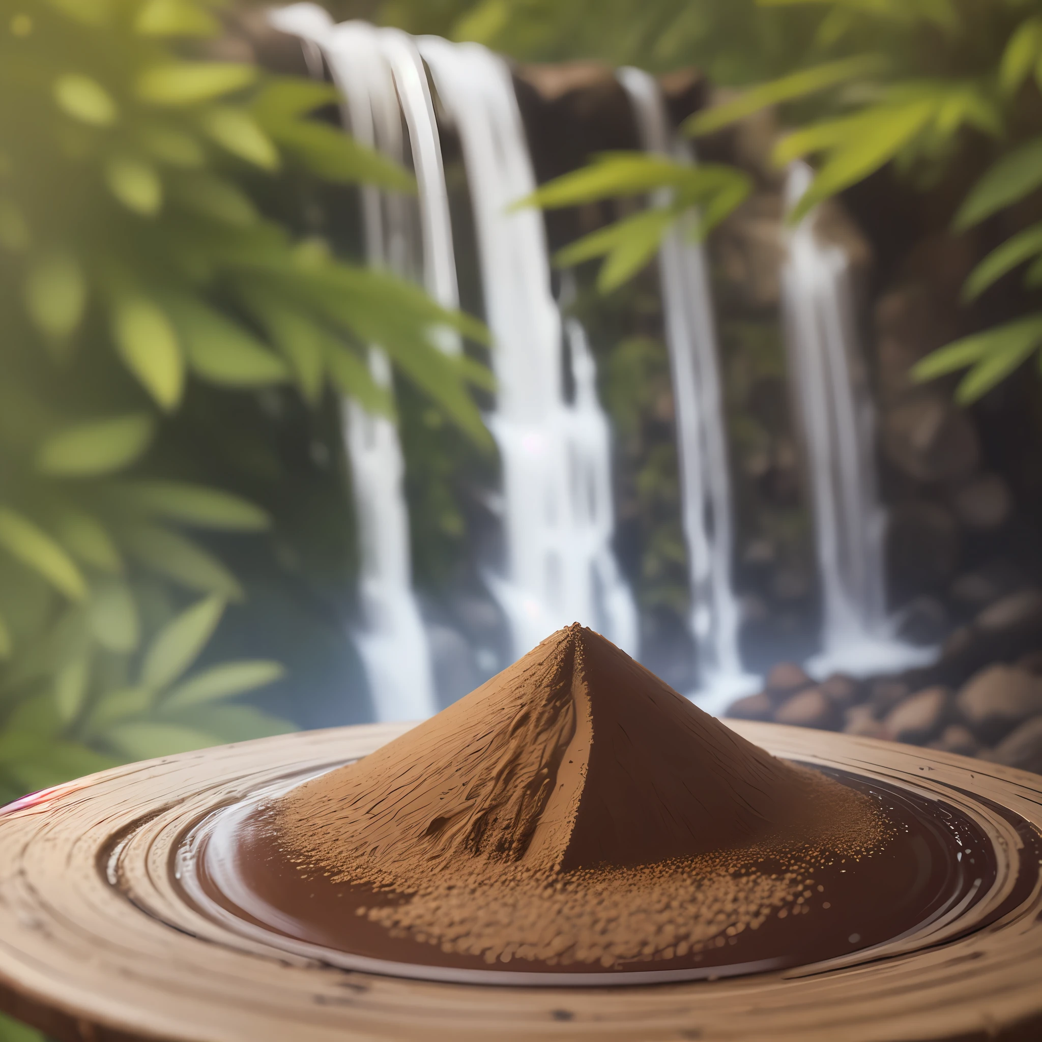 Create the image of a vasilia with coffee powder on the table a spoonful of coffee powder on the table in a forest, near the waterfall, with zoom