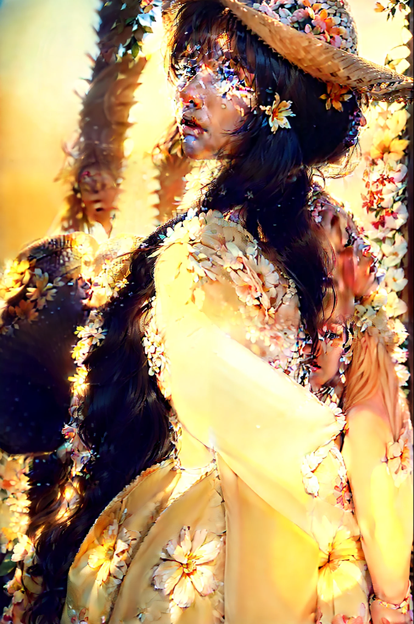 (extreme close up:1.5), (face focus:2),(Style of ???? ???:1.5),
((side face:2)),(1girl surrounded by soft_light:1.5), (backlighting:1.8), (lighting),(flowing fabric:1.3), ((Floral_summer_dress:1.5),(Straw_hat:1.3)),
(masterpiece), realistic, HDR, highly detailed, 8k, raw photo,
ambient occlusion, natural, harmonious composition, warm tones, fine art photography,