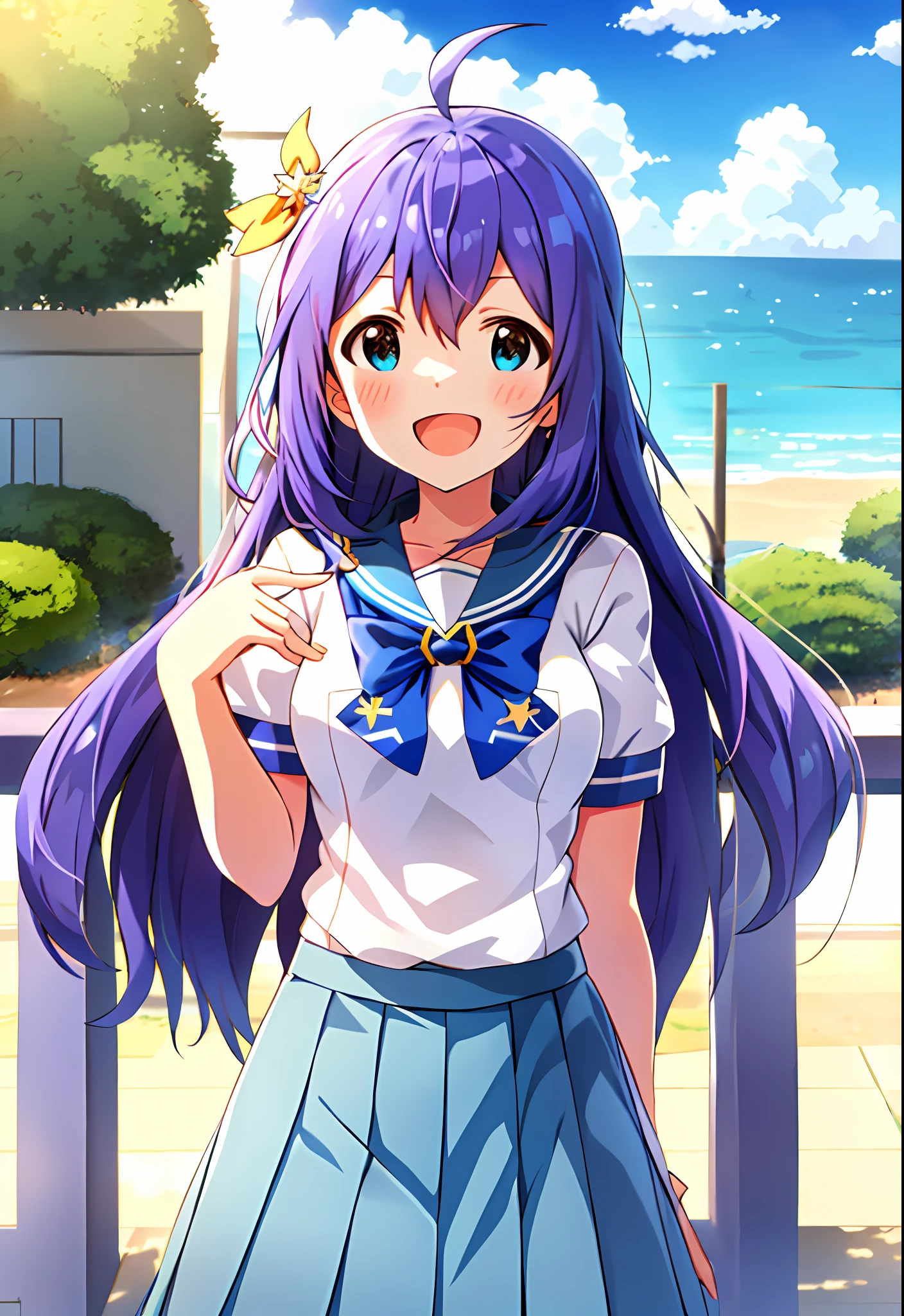 Anna Mochizuki (Million Live), Shiny Trinity \ (Costume), (Best Quality, 8K, Masterpiece, Super Detail: 1.2), Sea, Sun, Mottled Sunlight, Blue Sky, Beautiful Clouds, 1 Girl, Solo, Skirt, Smile, Open Mouth, V, Watch Viewer, White Sailor Color, Blue Shirt, Sailor Color, Blue Skirt, Pleated Skirt, Short Sleeve, :d, Shirt, School Uniform, Blush, Serafuk, Clavicle, bow, ribbon, blue bow.