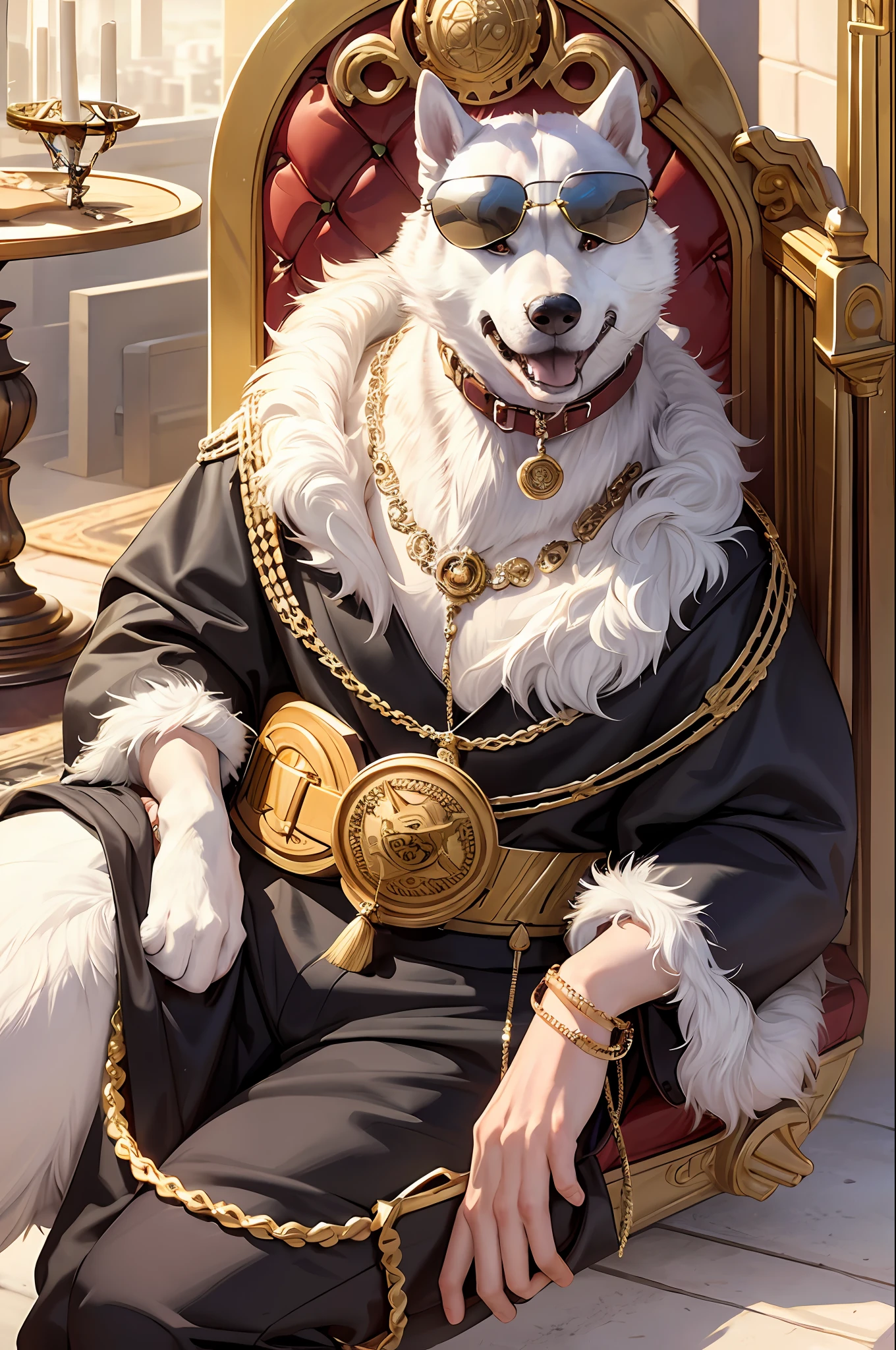 masterpiece, best quality, realistic, fashion husky, husky, dog head, glasses on the head, gear, gemstones, sunglasses, gold, jewelry, magic circle, male_focus, pants, shoes, sunglasses, tassels, throne,