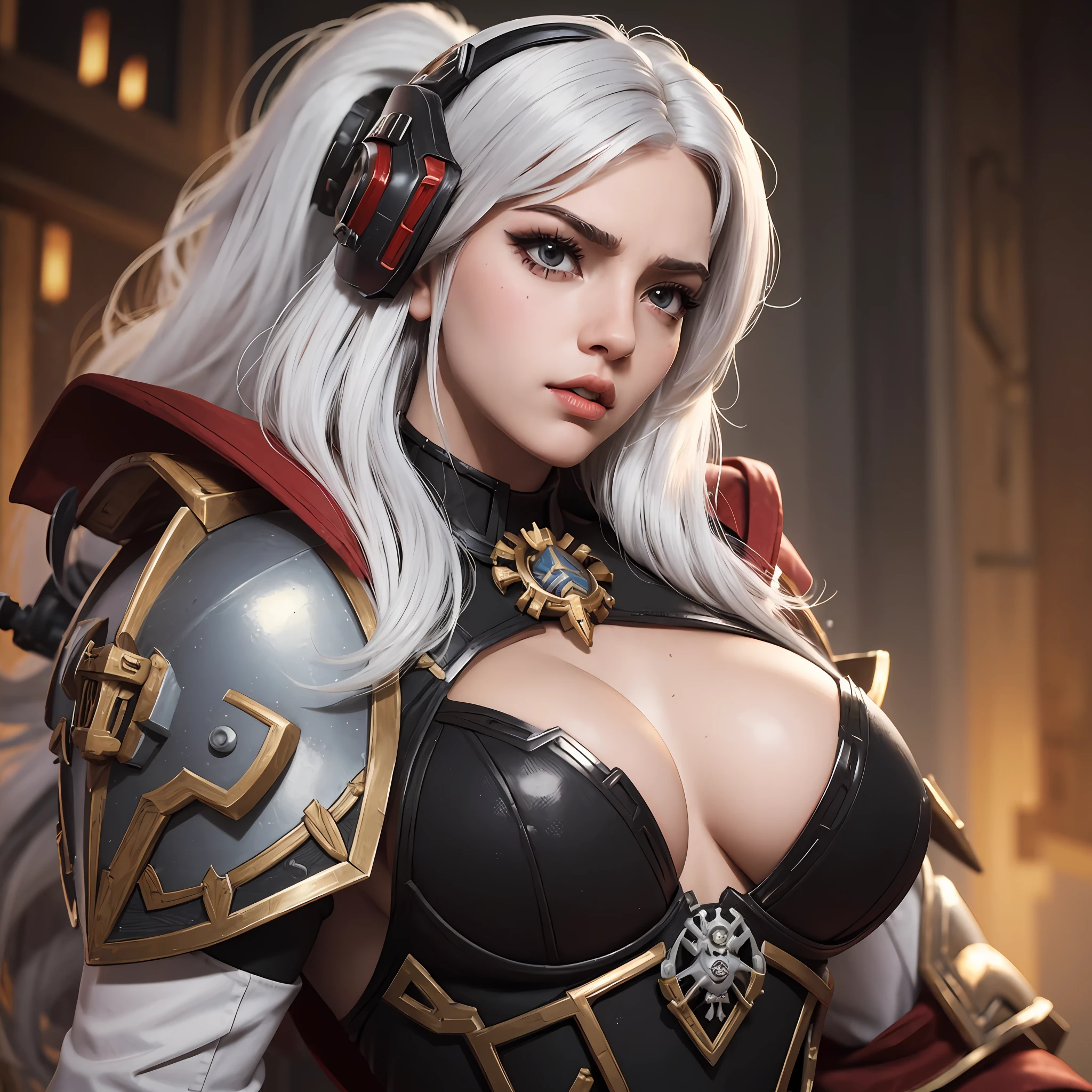 ((masterpiece, best quality)), huge resolution, sister of battle, white hair styled in loose waves, (warhammer 40k:1.1), (black power armor:1.1), purity seals, sexual expression, (grimdark style:1.1), red robes, breast enhancements, cleavage focus,