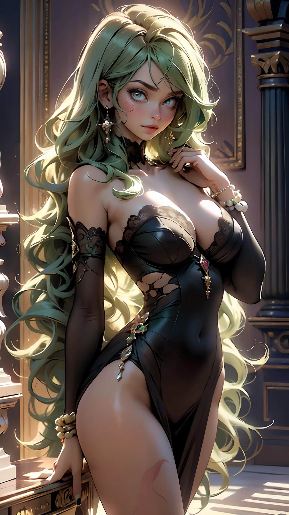 (((GREEN HAIR, [PERFECT REALISTIC EYES])))), ultra realistic 8k CG, perfect face, flawless, clean, masterpiece, professional artwork, famous art, cinematic lighting, cinematic flower, perfect face, beautiful face, beautiful eyes, (((perfect female body, narrow waist))), beautiful queen, royal, divine, goddess, (royal palace), fantasy, dreamlike, unreal, science fiction, (huge breasts), beautiful clothes, lace, lace trim,  lacy legwear, nsfw, breasts out, absurdly long hair, very long hair, (rich: 1.4), prestige, luxury, jewelry, diamond, gold, pearl, gem, sapphire, ruby, emerald, intricate detail, delicate pattern, sexy, charming, seductive, seductive, erotic, charming, hair ornament, necklace, earrings, bracelet, armband, looking at the viewer,