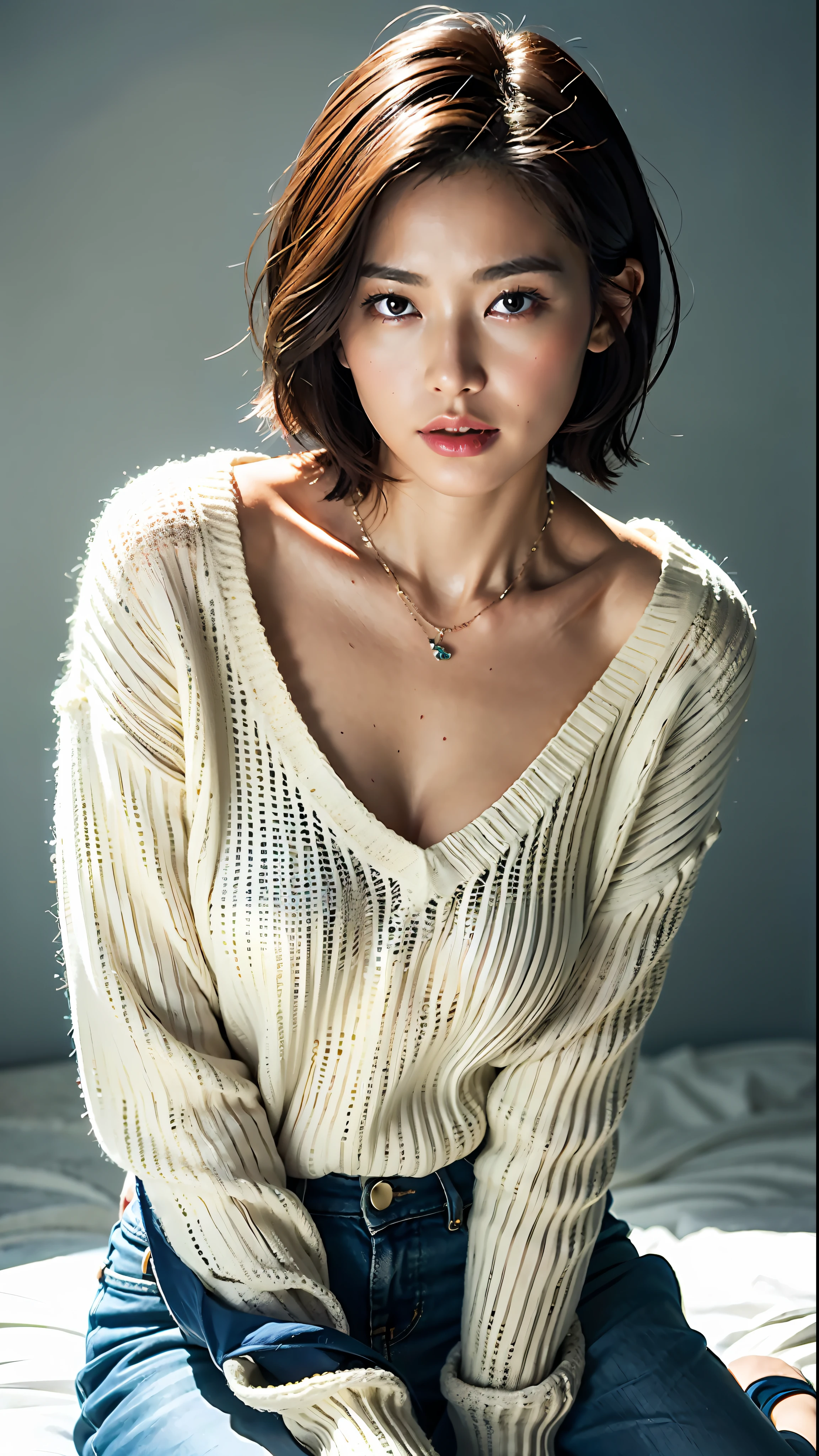 (Best quality, 8k, 32k, Masterpiece, UHD:1.2),Photo of Pretty Japanese woman, large breasts, very short bob hair,upper body,face focus,oversized_sweater, necklace, simple background, from above, looking at viewer,