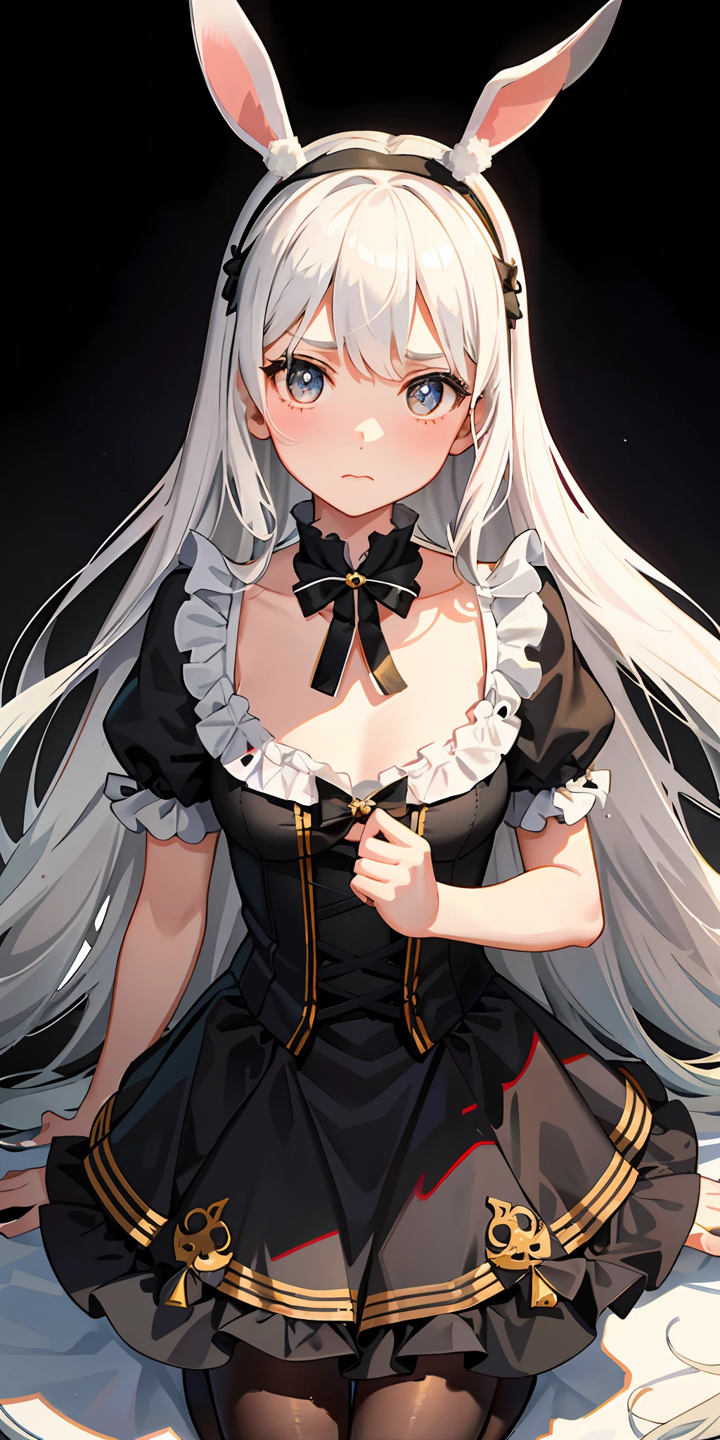 A lovely young girl with Victorian hair, a pair of bunny ears decorated with bells, beautiful innocent eyes, a frightened expression, a slightly trembling body, wearing a rococo dress and black stockings, a full body photo,侧光,光粒子,墙纸,