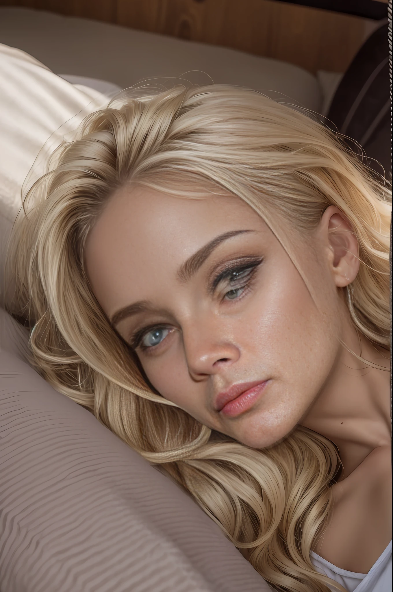 absurdres, RAW photo, highest quality, (masterpiece: 1.3), high detail RAW color photo, professional photo, extremely detailed CG 8k wallpaper unit, photo-realistic, realistic, RAW photo, masterpiece, best quality, highres,
1girl, 19 YEARS OLD, white, blonde hair, wavy, Average length, unkempt hair, beautiful body, perfect gorgeous face, beautiful light brown realistic eyes, fair skin, detailed skin texture, very small natural breasts. Serious. Guy who just woke up. Lying on a couch with a blanket. Selfie angle. (Sleepwear, simple design). An ordinary house, small, dark.