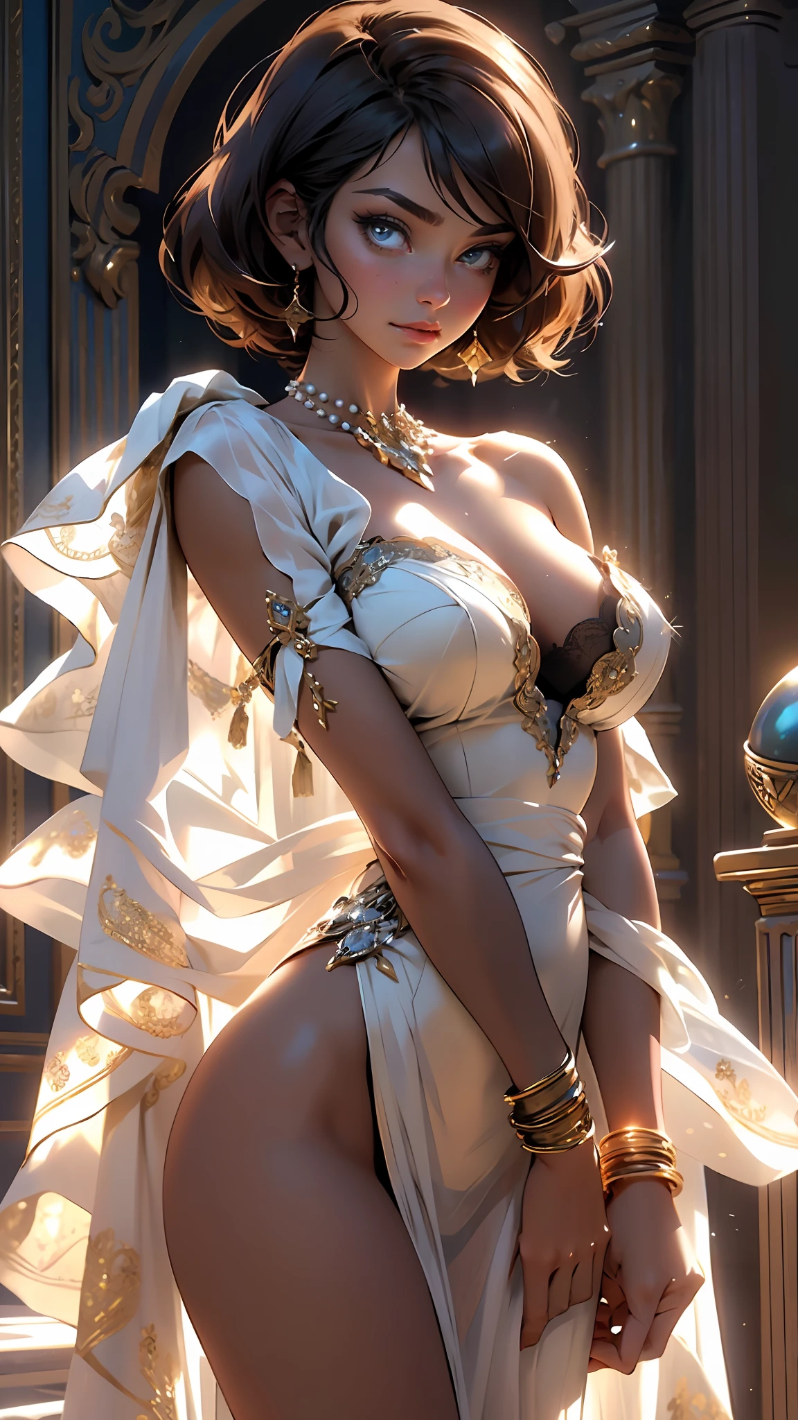 (((SHORT HAIR, [PERFECT REALISTIC EYES])))), ultra realistic 8k CG, perfect face, flawless, clean, masterpiece, professional artwork, famous art, cinematic lighting, cinematic flower, perfect face, beautiful face, beautiful eyes, (((perfect female body, narrow waist))), beautiful queen, royal, divine, goddess, (royal palace), fantasy, dreamlike, unreal, science fiction, (huge breasts), beautiful clothes, lace, lace trim,  lacy legwear, nsfw, breasts out, absurdly long hair, very long hair, (rich: 1.4), prestige, luxury, jewelry, diamond, gold, pearl, gem, sapphire, ruby, emerald, intricate detail, delicate pattern, sexy, charming, seductive, seductive, erotic, charming, hair ornament, necklace, earrings, bracelet, armband, looking at the viewer,
