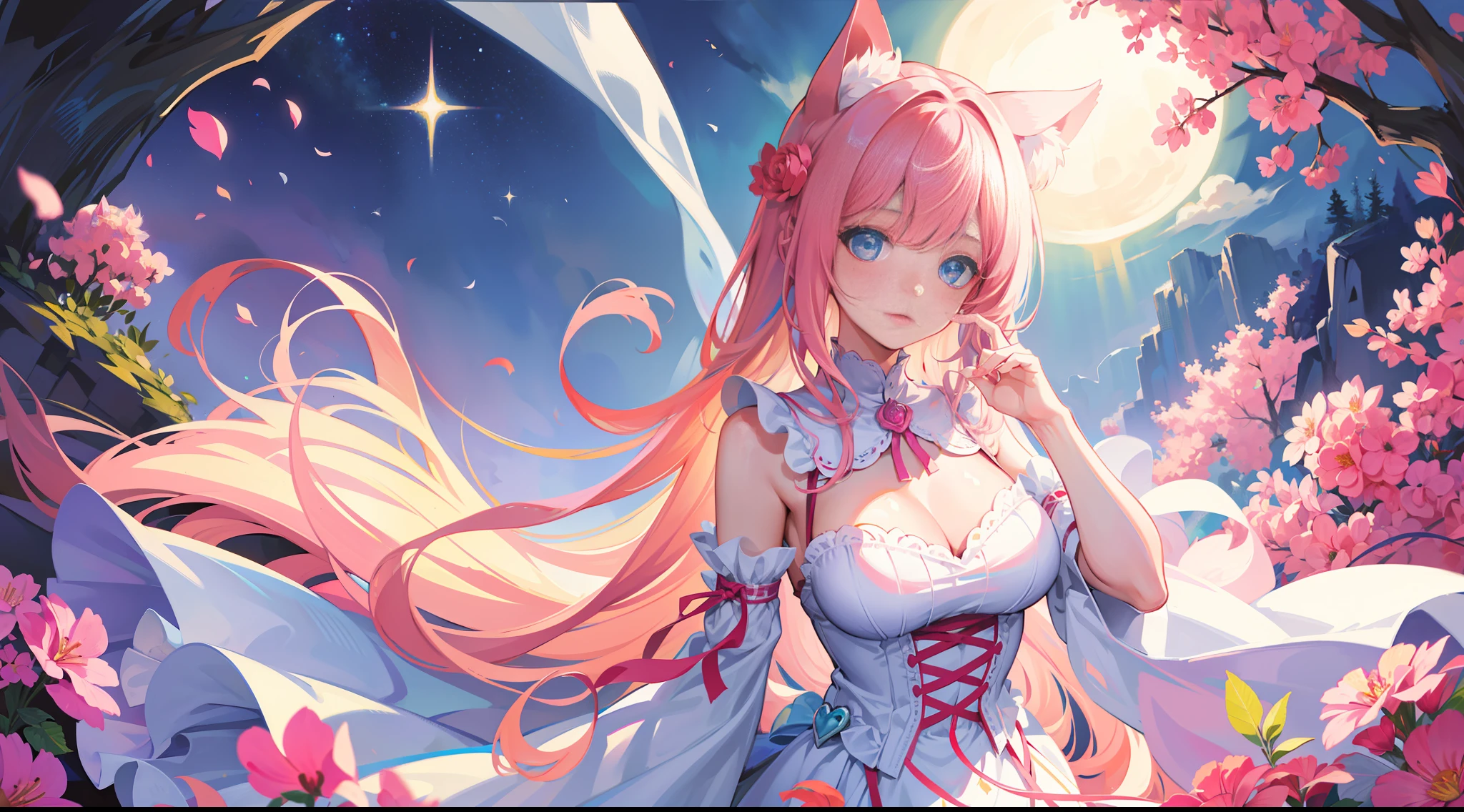 masterpiece, best quality, ultra-detailed, illustration,(1girl),beautiful detailed eyes, looking at viewer, close up, (breast focus), pink hair, shy, cat ears, white and pink dress, stockings, garters, blue eyes, thighs