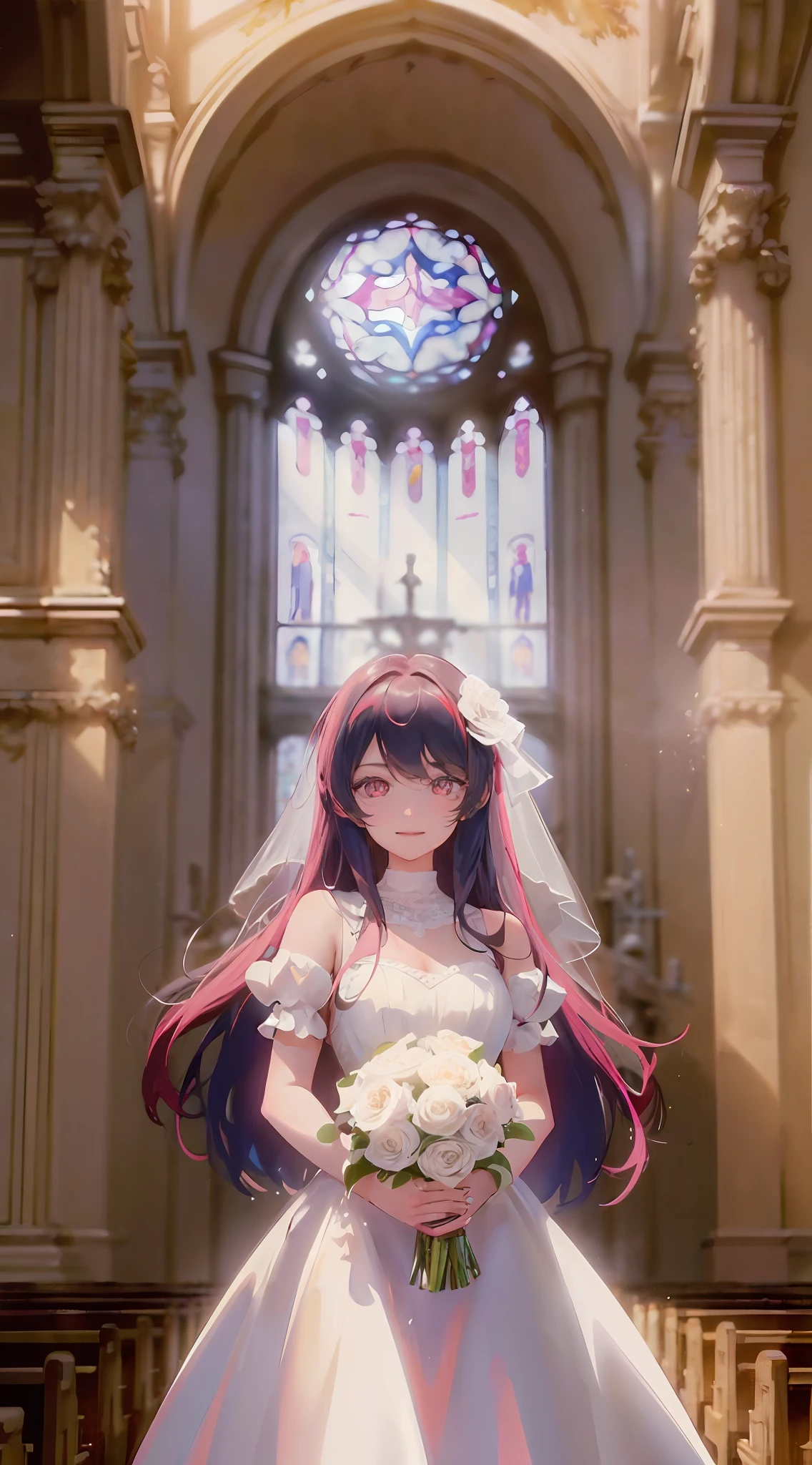 (a maiden holding a bouquet: 1.2), wearing a wedding dress, (wedding dress: 1.1), glowing eyes, floating hair, holding a bouquet, (smile: 1.3), magical girl, (church), (huge stained glass background: 1.3), rose petals, fantasy, looking at the viewer, (masterpiece, flat color, color: 1.0), (best quality: 1.2), (high precision: 1.1), 8k resolution, rich detail, perfect light and shadow, clear background,