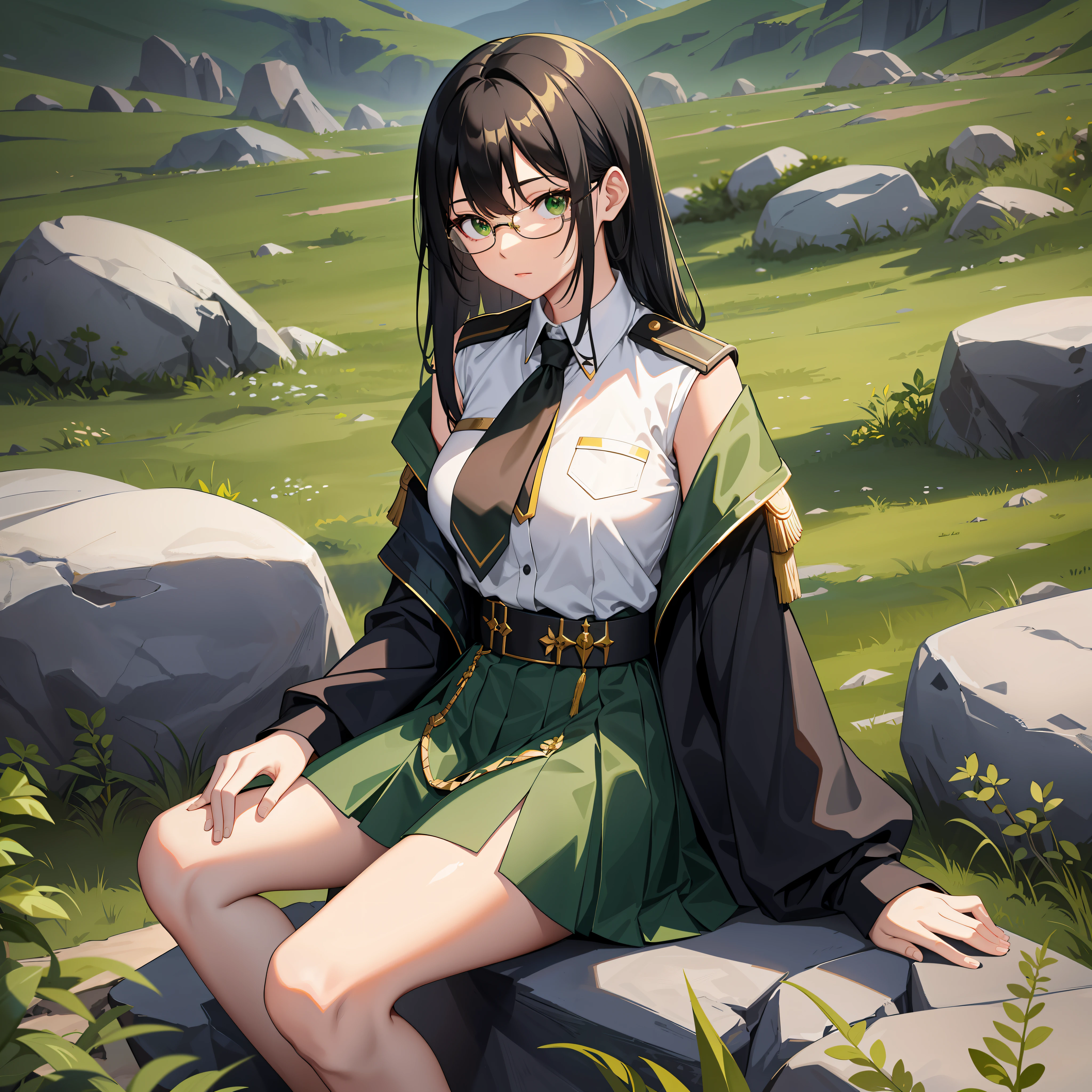 Adult, one female, Long black hair Green line in the middle, white shirt with Rank on the shoulder , short green skirt with gold trim, sitting On the desert rocks, Glare, zoom out