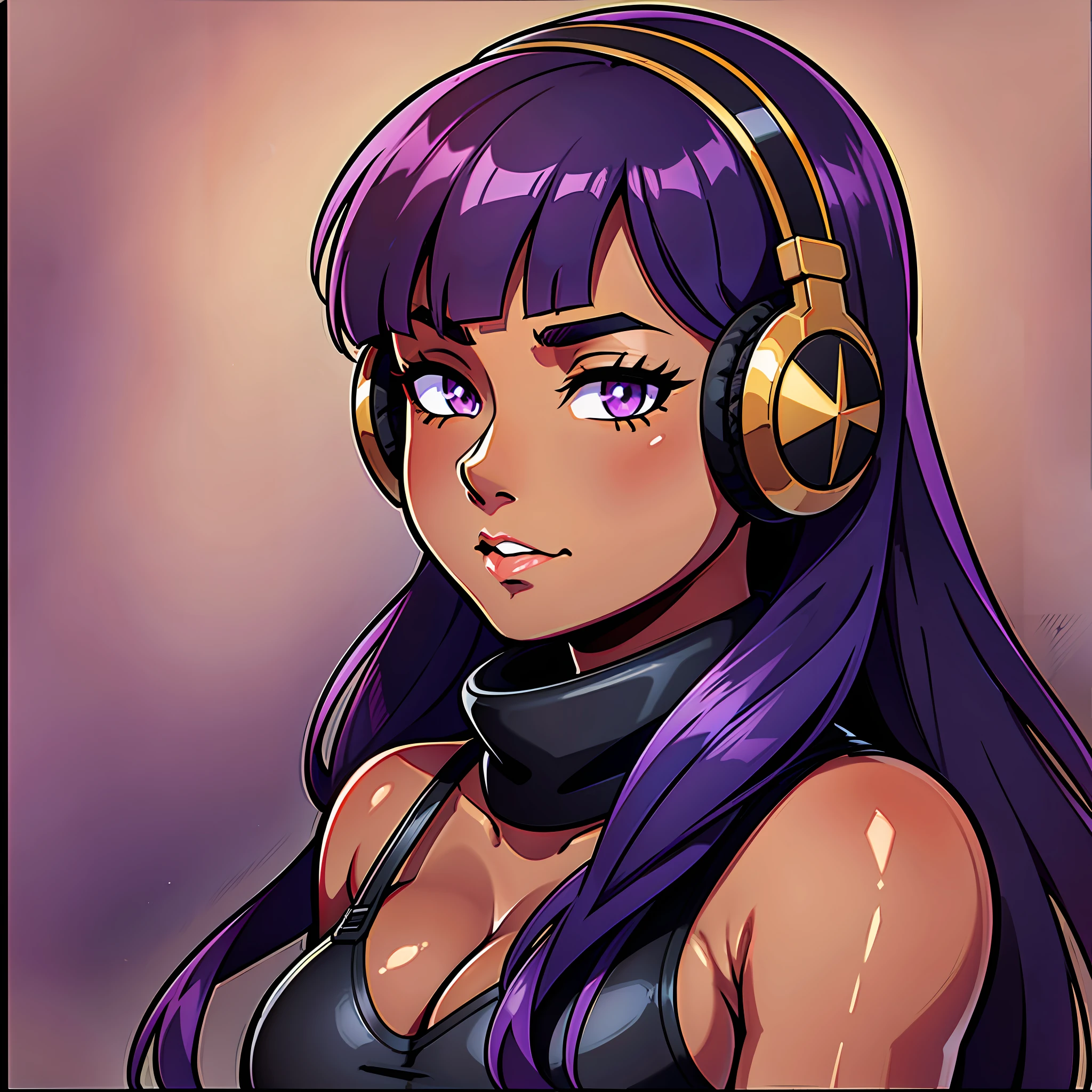 dark purple hair, brown skin, tanned skin, gorgeous, military straps,black military straps, long hair, bangs, makeup, CatEarHeadphones, film grain, image fill, halftone, depth of field, UHD, masterpiece, textured skin, 16k, best quality, simple background,strap outfit, sitting in front of a desk