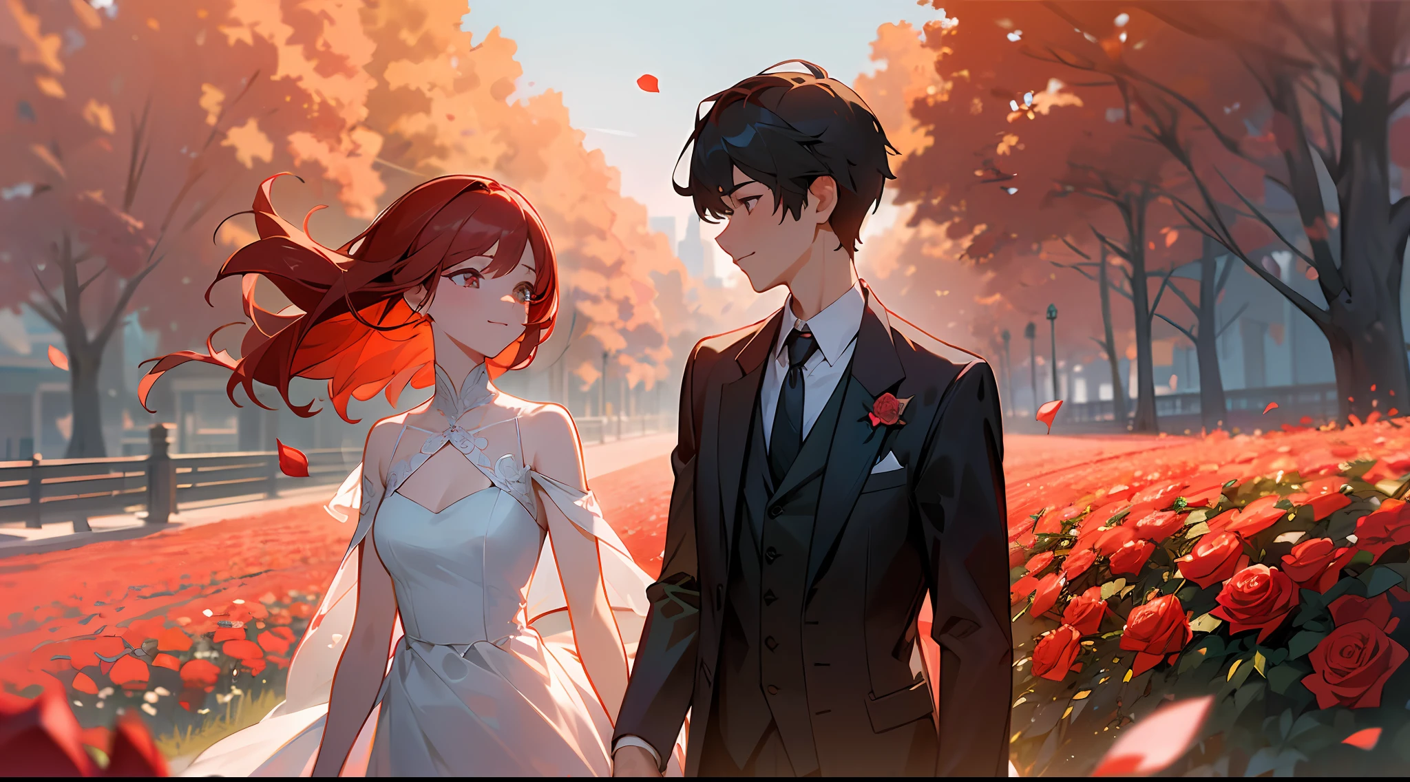 (Masterpiece), (Best Quality), Extremely Detailed CG Unity 8k Wallpaper, Ultra Detail, High Resolution, Fine Detail, Upper Body, Long Shot, Medium Shot, (Depth of Field), Cinematic Lighting, Extremely Detailed Eyes and Face, (Beautiful Detailed Eyes), Smile, Boys and Girls Walking Side by Side, Couple, Red Evening Dress, Roses, Rose Fields, Blue Sky and White Clouds, Red Flowers, Petals, Sunlight