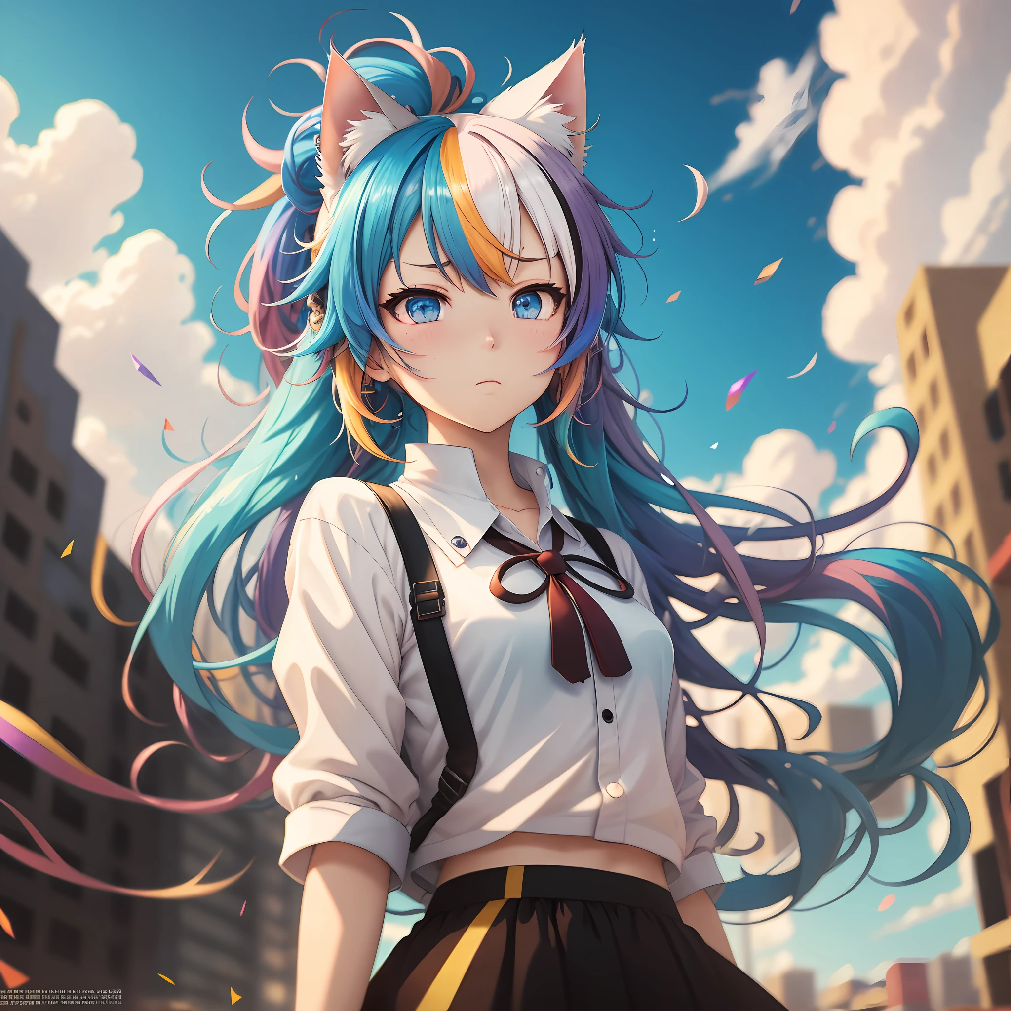 multicolored hair, multicolored hair, floating hair, The wind blows up the hair, The wind blows up the hair, The wind blows up the hair, hair bobbles, hair bobbles, mismatched pupils, aqua eyes, cat ears, frustrated, anime, ray tracing, reflection light, vignetting, sparkle, close-up, Wide-Angle, Wide-Angle --auto --s2